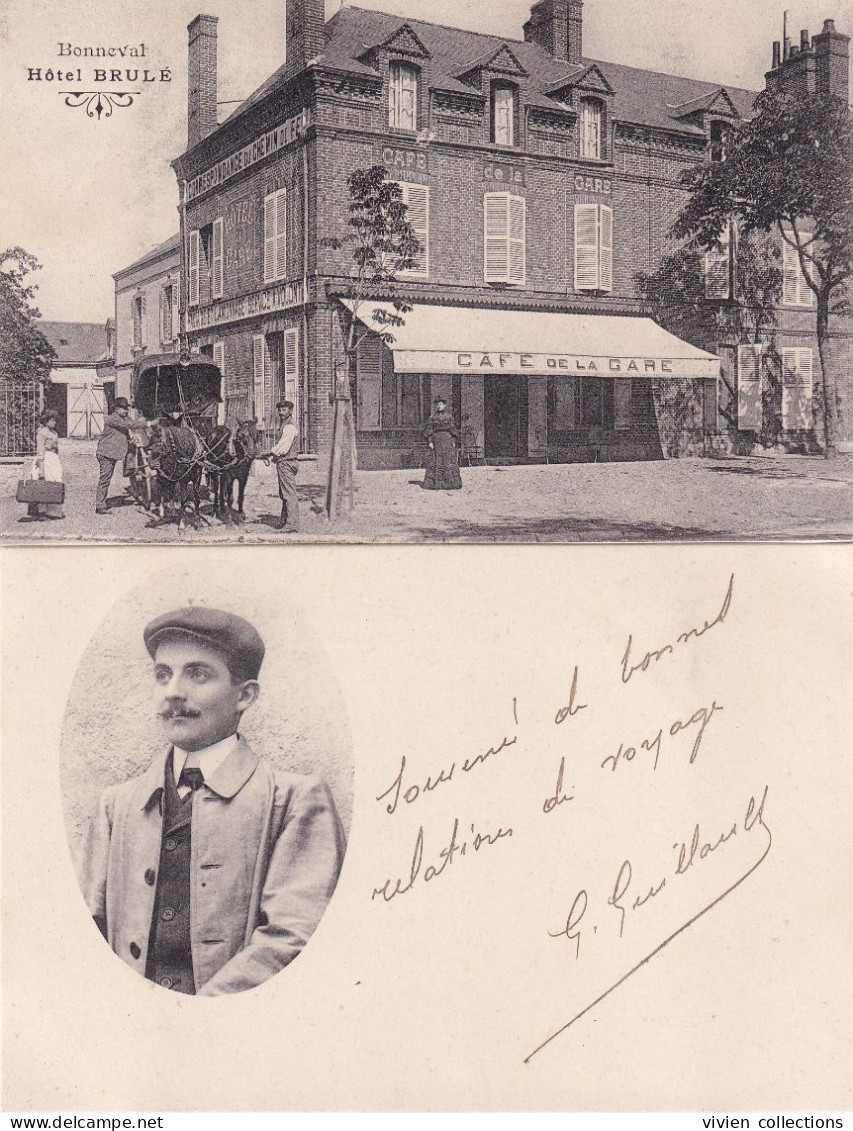 Bonneval (28 Eure Et Loir) Hôtel Brulé Hôtel Café De La Gare + Carte De L'écuyer ? Souvenir De Bonne Relation De Voyage - Bonneval