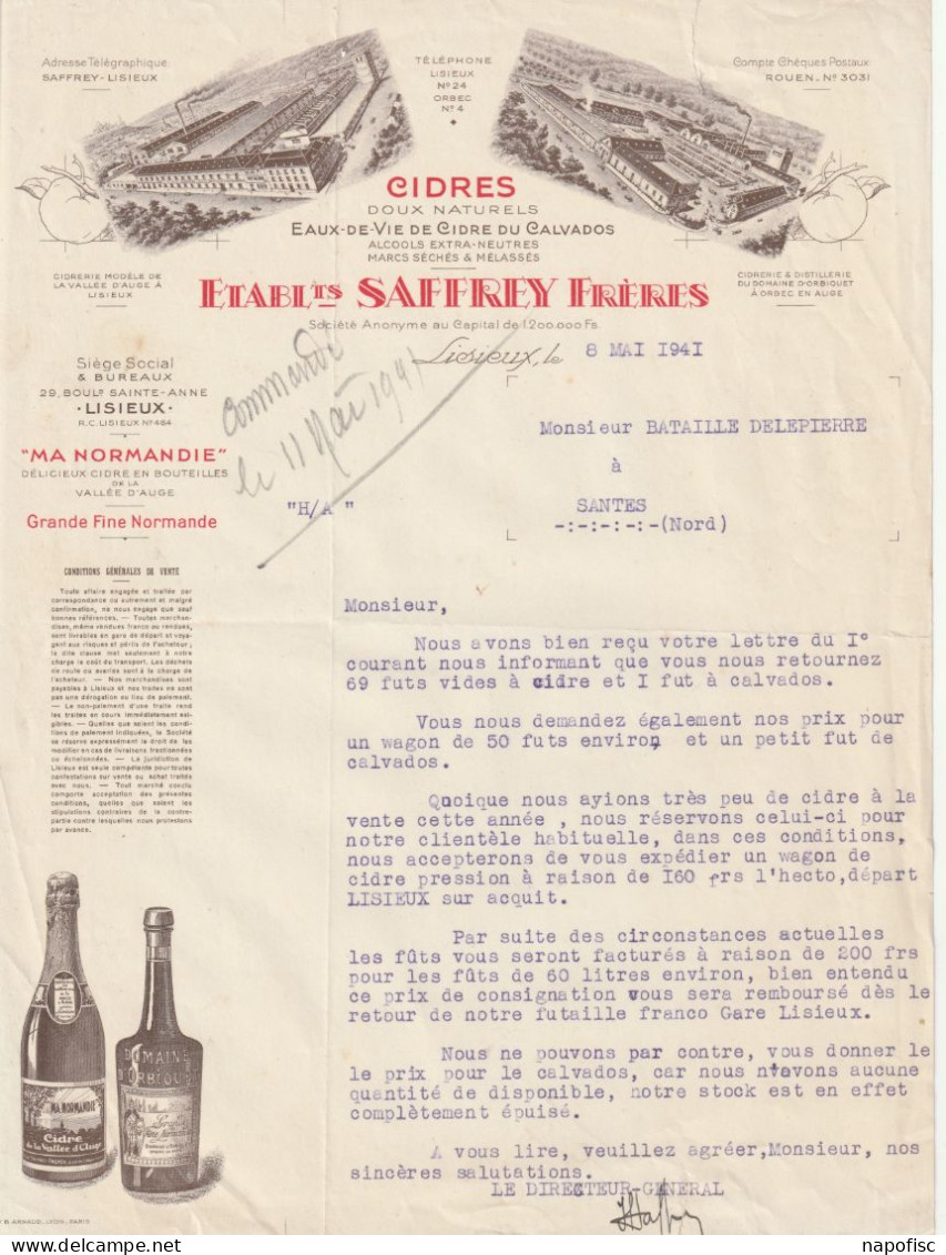 14-Saffrey Frères ..Cidres Doux Naturels, Eaux-de-Vie De Cidre Du Calvados....Lisieux....(Calvados)....1941 - Otros & Sin Clasificación