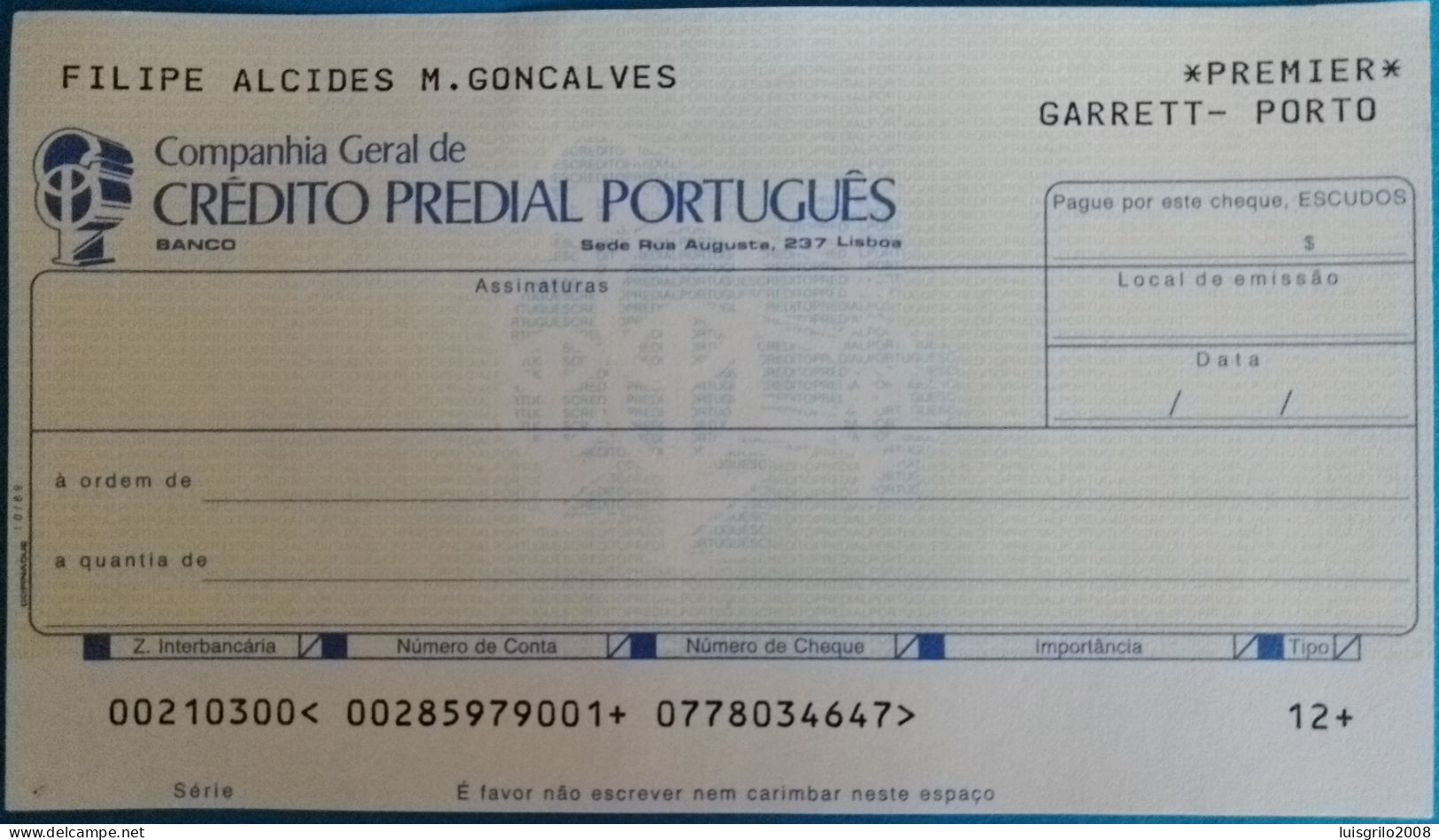 Portugal, Cheque - Crédito Predial Português. Garrett, Porto - Chèques & Chèques De Voyage