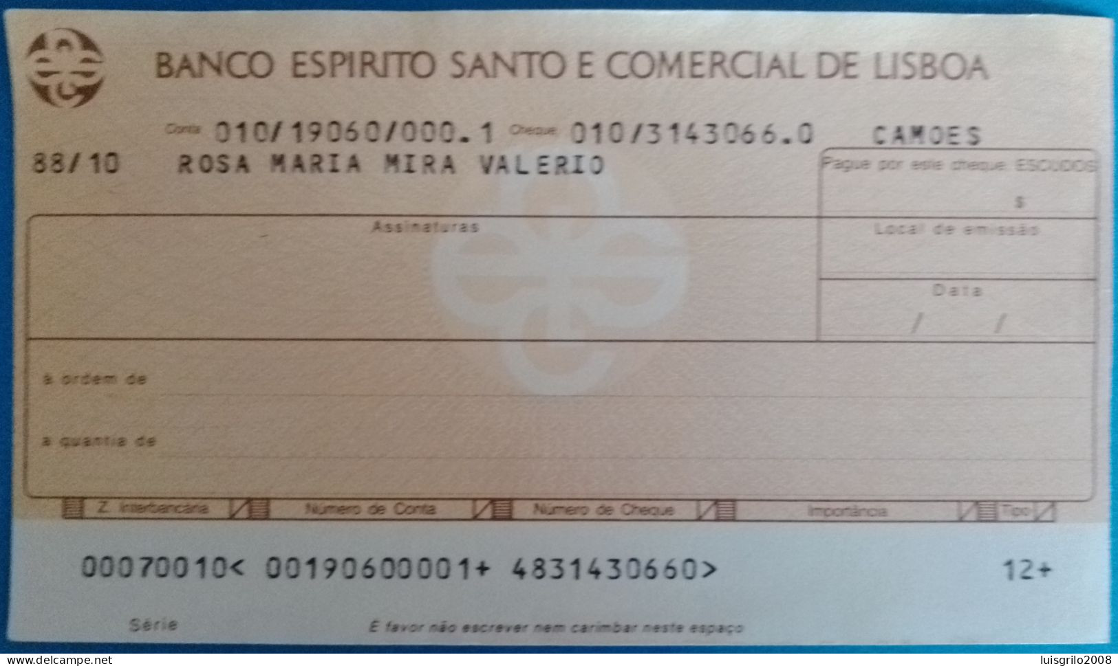 Portugal, Cheque - Banco Espirito Santo E Comercial De Lisboa. Camões, Lisboa - Cheques & Traveler's Cheques