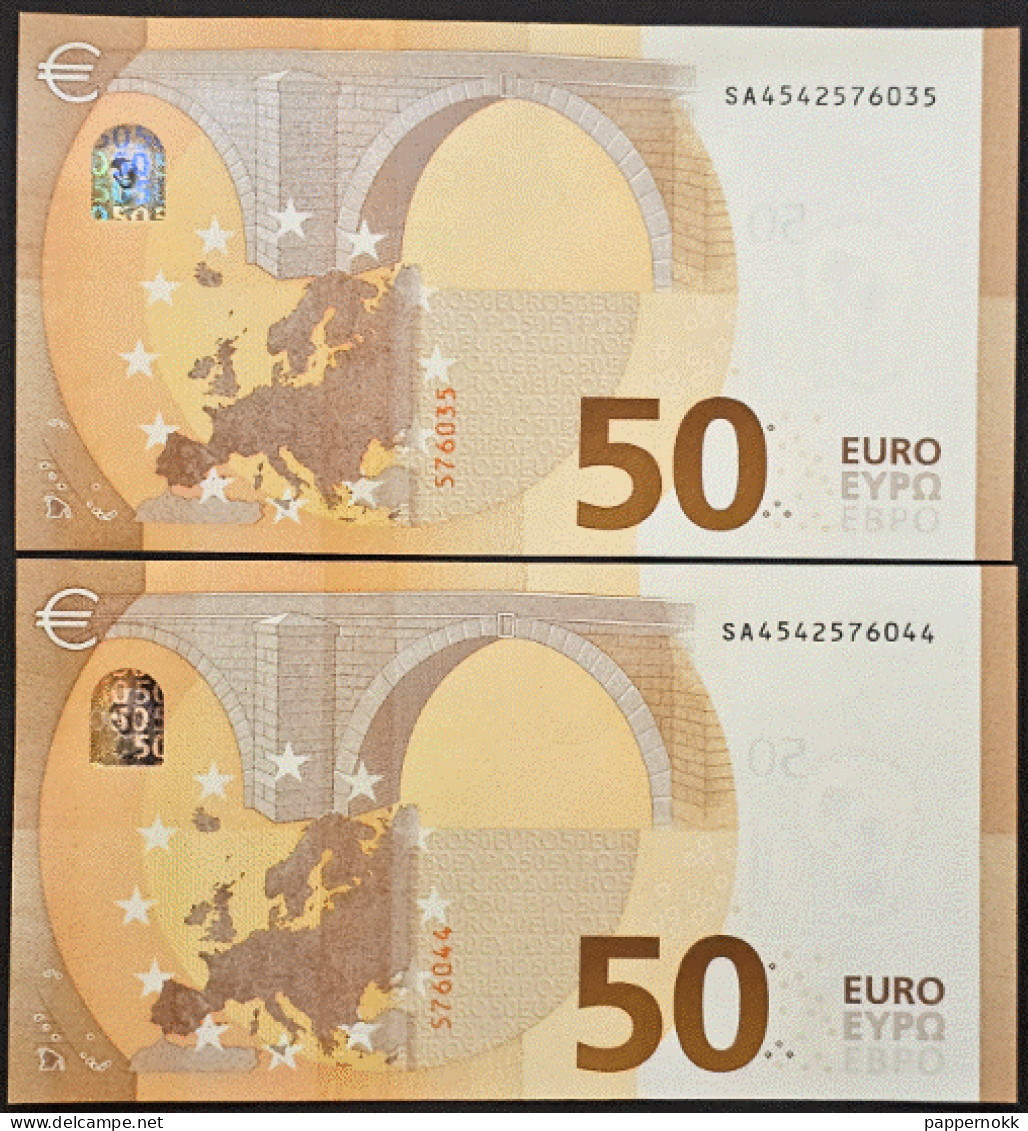 50 Euro 2° Serie Italia J032 D5 - SA4542576035/044 Due Banconote FDS/UNC Draghi - 50 Euro