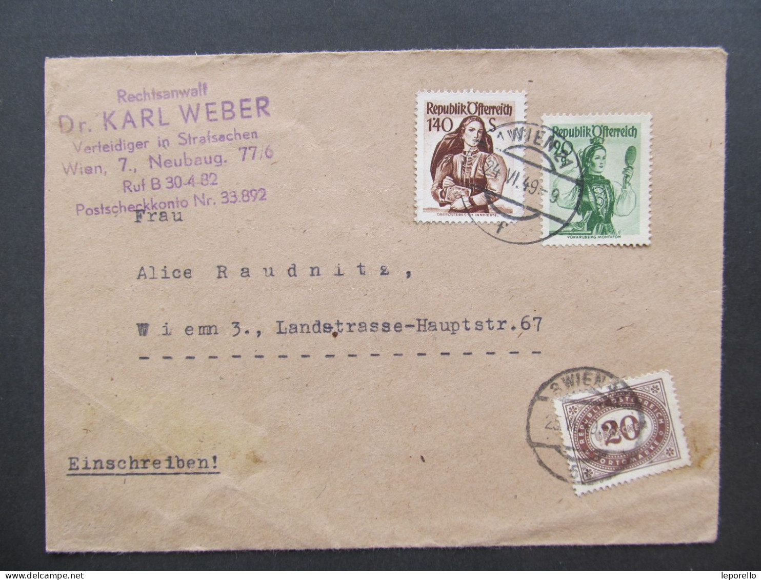 BRIEF Wien Strafport 1949 // D*59496 - Cartas & Documentos