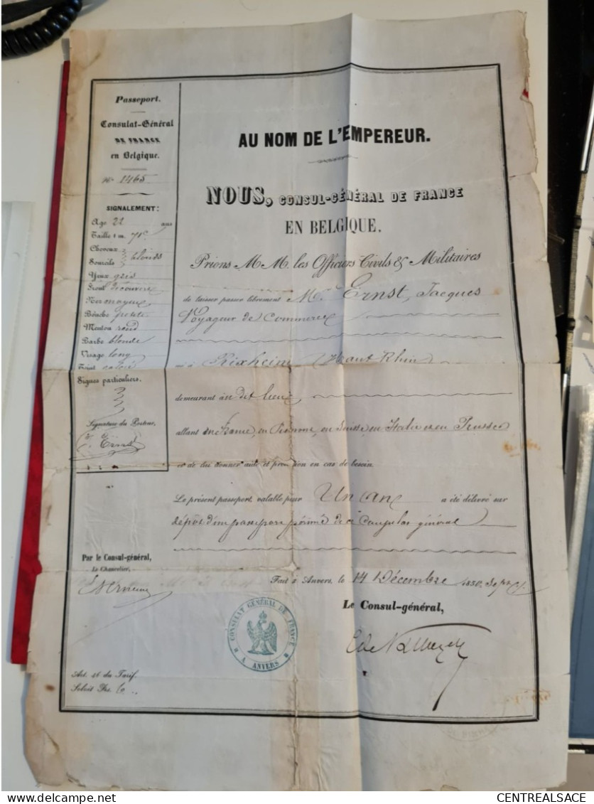 PASSEPORT CONSULAT DE FRANCE EN BELGIQUE MR ERNST JACQUES RIXHEIM POUR LA SUISSE ITALIE PRUSSE - Documenti Storici