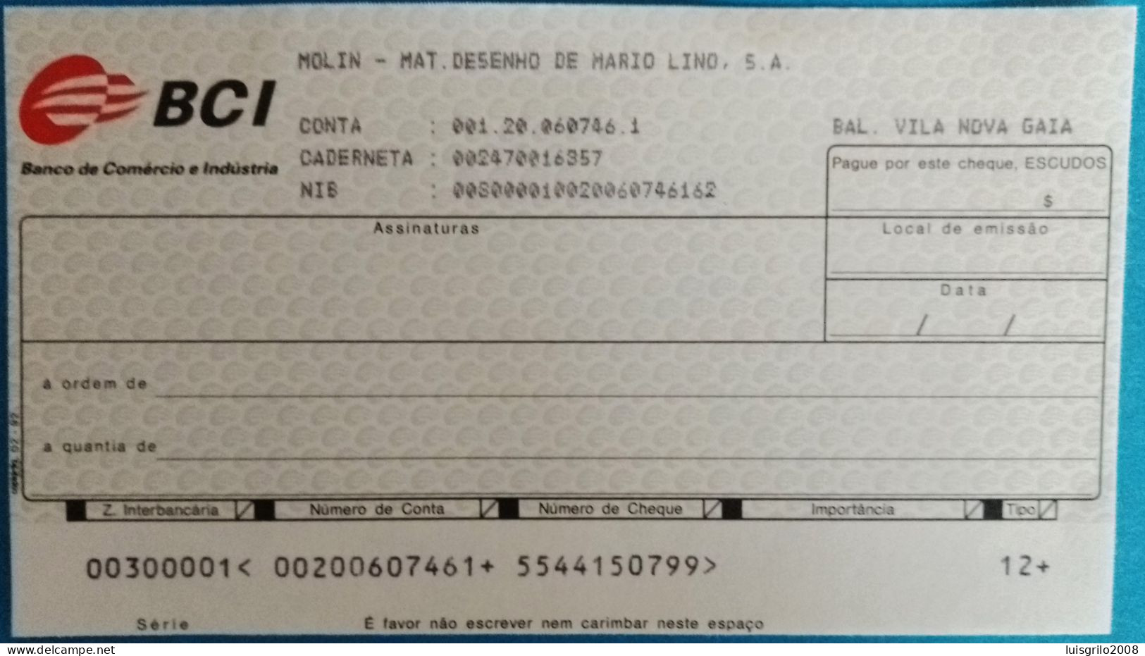 Portugal, Cheque - Banco Comércio E Indústria. Vila Nova De Gaia - Chèques & Chèques De Voyage