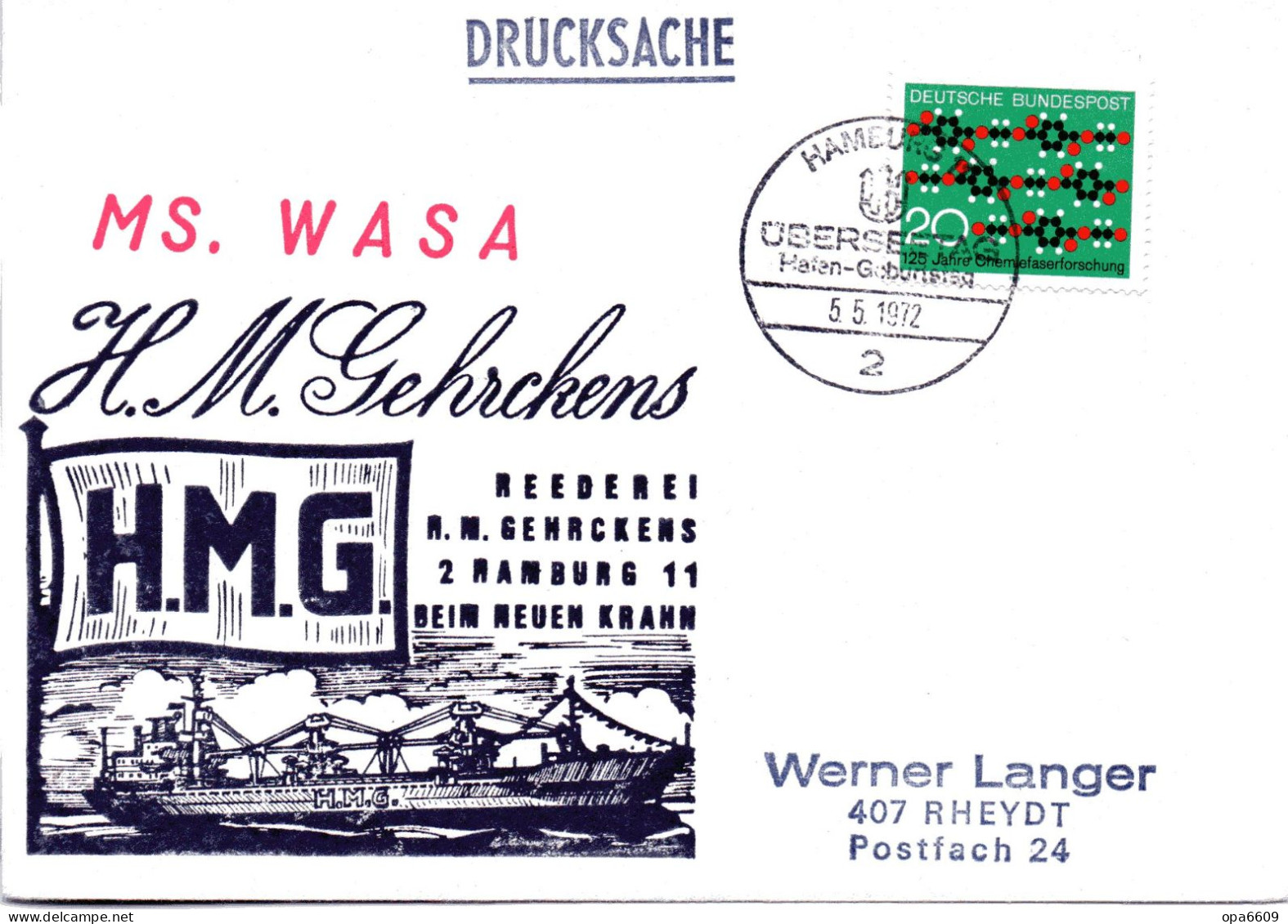 (L 6) Cachetumschlag "REEDEREI H.M.GEHRCKENS - MS. WASA - EF BRD SST 5.5.72 HAMBURG - Maritime