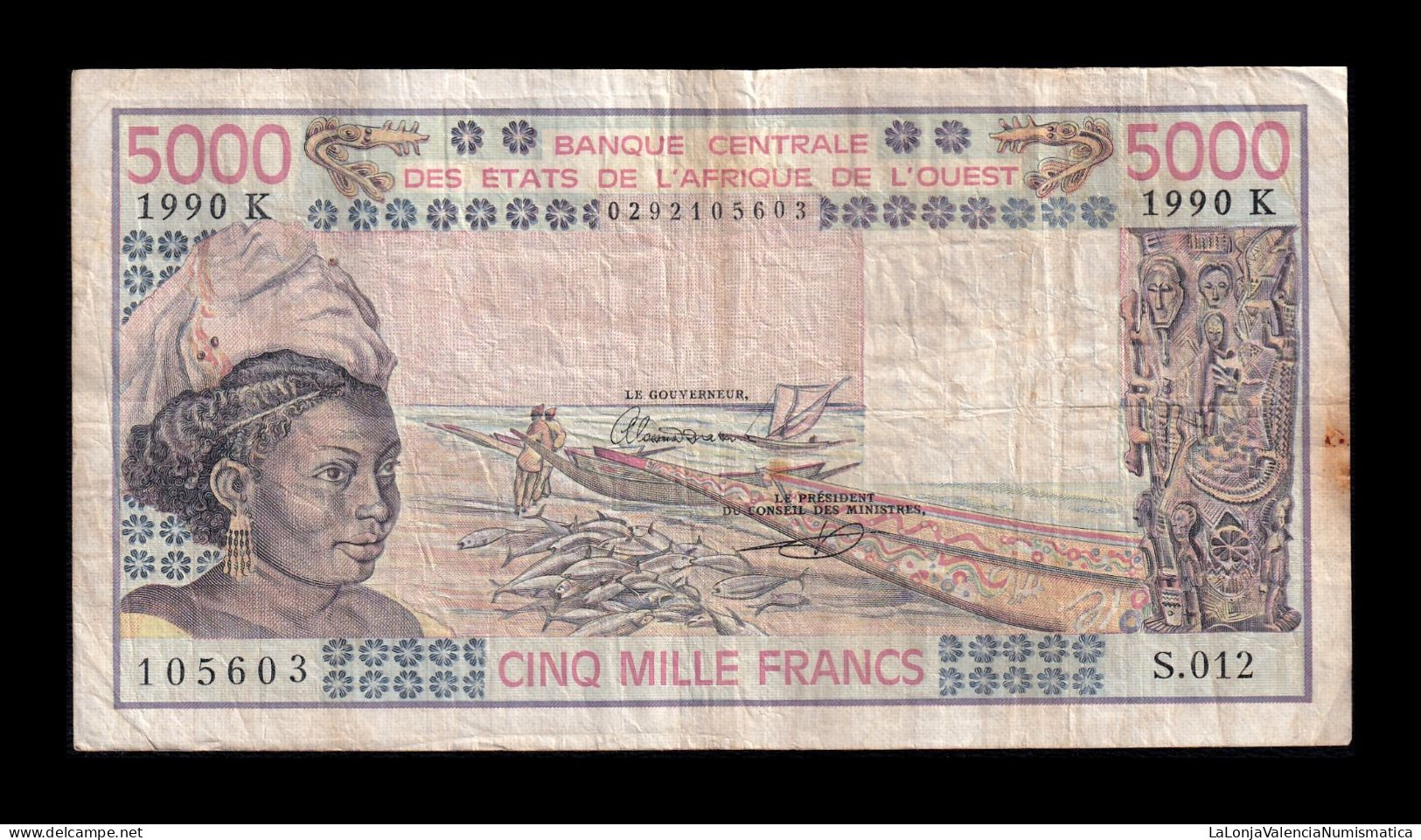 West African St. Senegal 5000 Francs 1990 Pick 708Km Bc/Mbc F/Vf - États D'Afrique De L'Ouest
