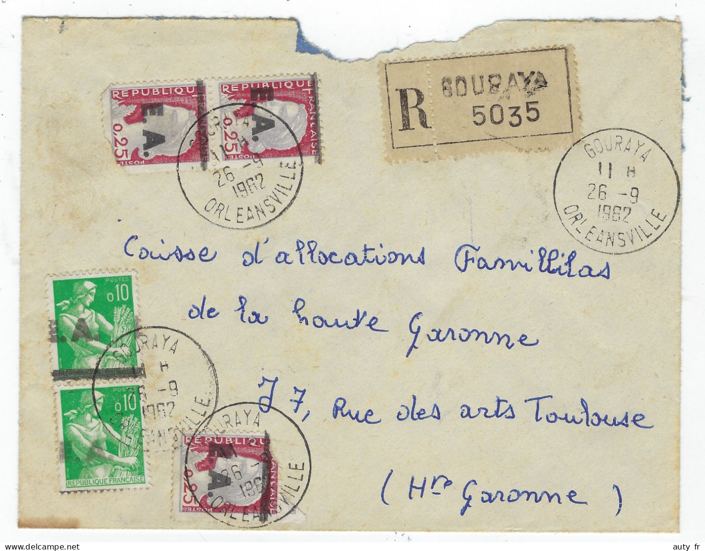 Lettre Recommandée De GOURAYA (Orléansville) 1962 Timbres EA - Algerien (1962-...)