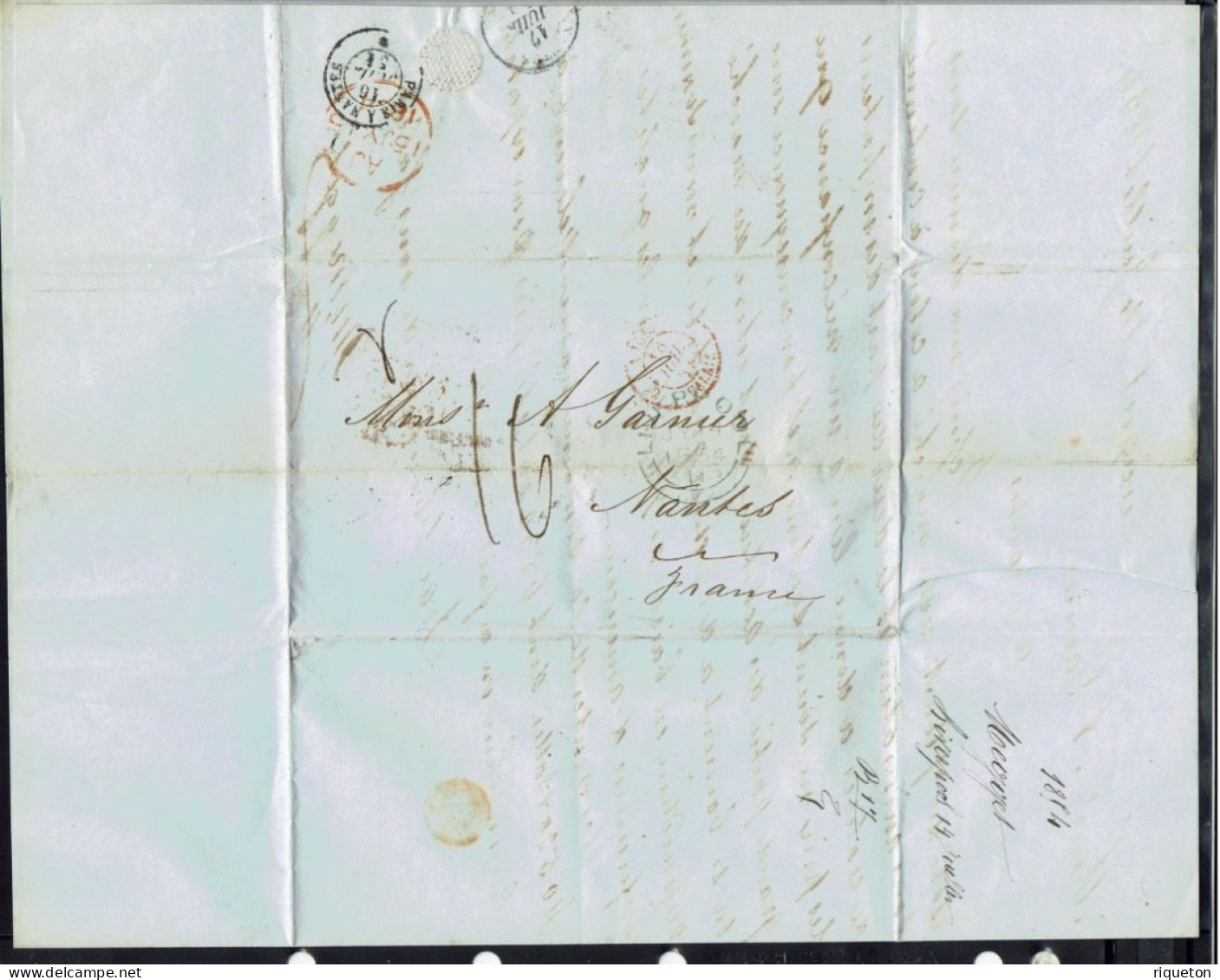 Grande-Bretagne. Lettre De Liverpool Du 14 Juillet 1854 Pour Nantes (Fr) Taxe Manuscrite 16 C. Vente Export De Coton. TB - Marcophilie