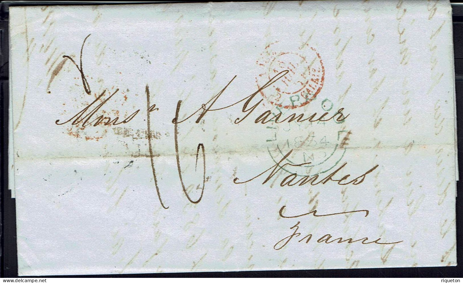 Grande-Bretagne. Lettre De Liverpool Du 14 Juillet 1854 Pour Nantes (Fr) Taxe Manuscrite 16 C. Vente Export De Coton. TB - Poststempel