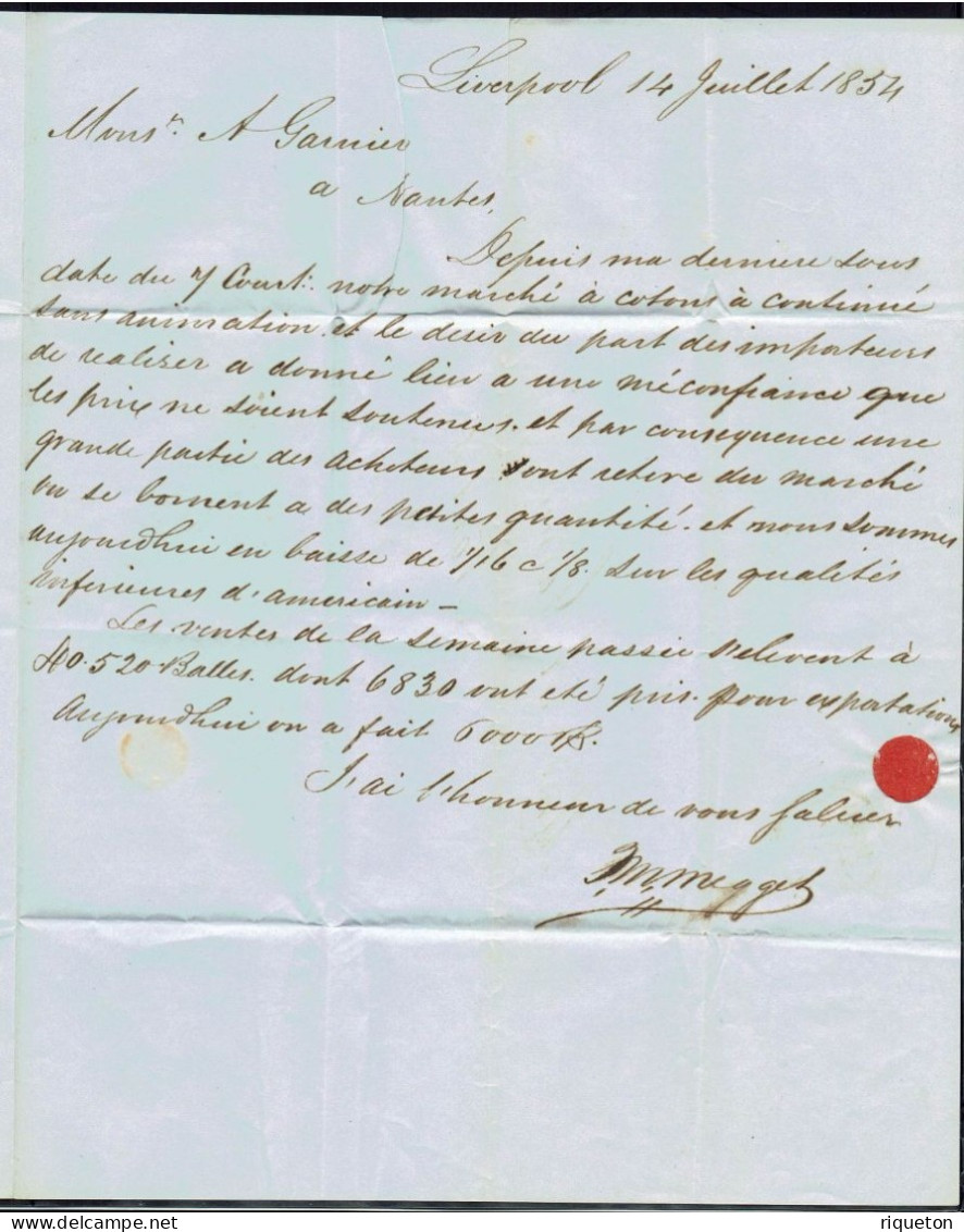 Grande-Bretagne. Lettre De Liverpool Du 14 Juillet 1854 Pour Nantes (Fr) Taxe Manuscrite 16 C. Vente Export De Coton. TB - Marcophilie