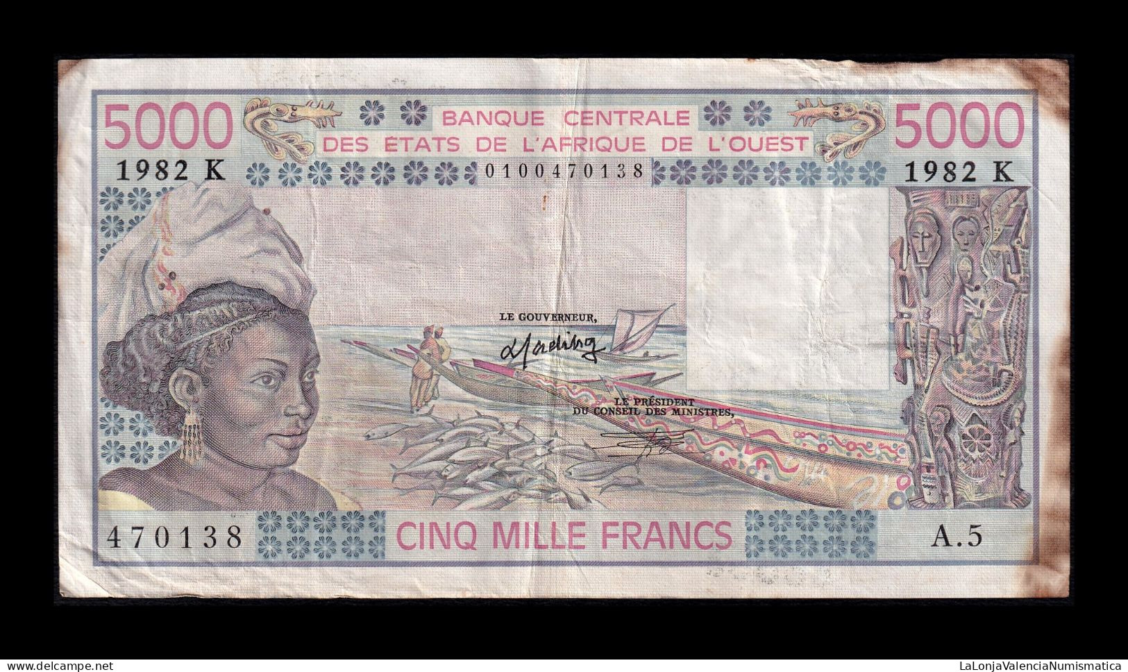 West African St. Senegal 5000 Francs 1982 Pick 708Kf(2) Bc/Mbc F/Vf - Stati Dell'Africa Occidentale