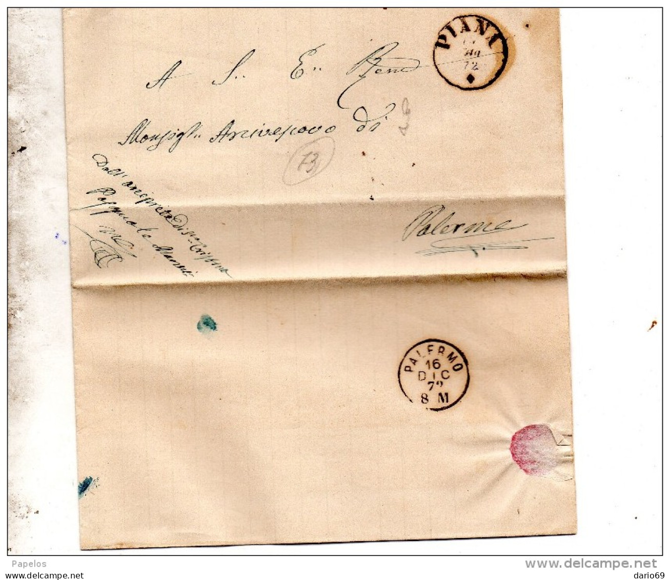 1872 LETTERA CON ANNULLO PIANA PALERMO - Storia Postale