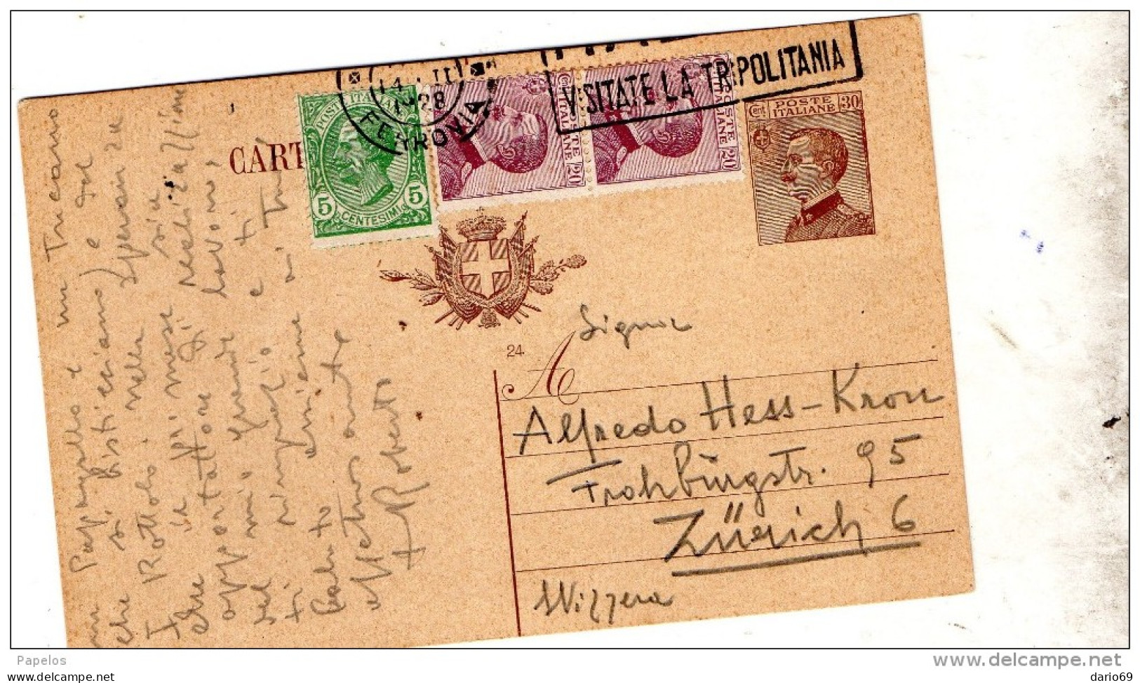 1928  CARTOLINA CON ANNULLO  ROMA   X ZURIGO SVIZZERA - Stamped Stationery