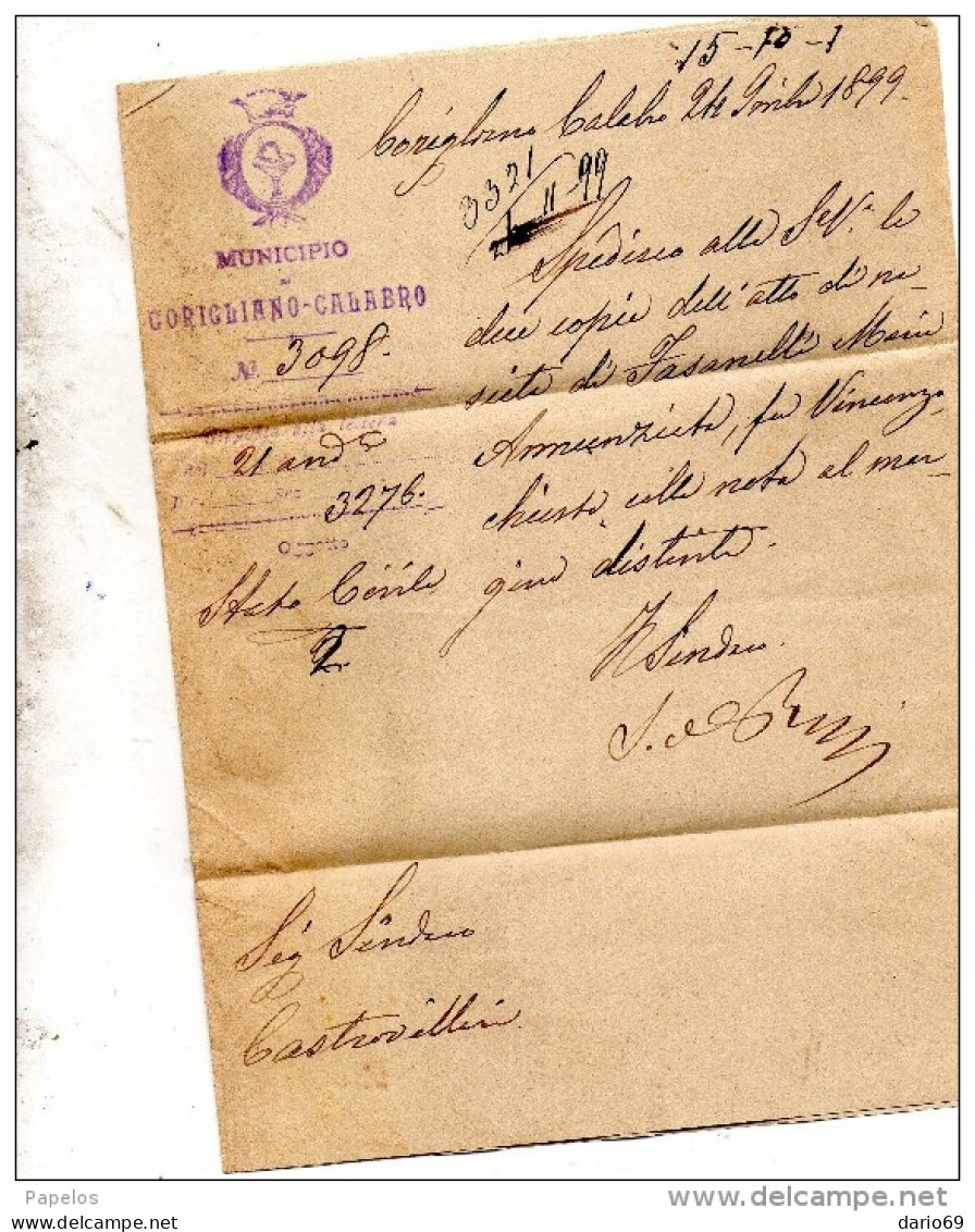 1899  LETTERA CON ANNULLO CORIGLIANO CALABRO COSENZA - Storia Postale