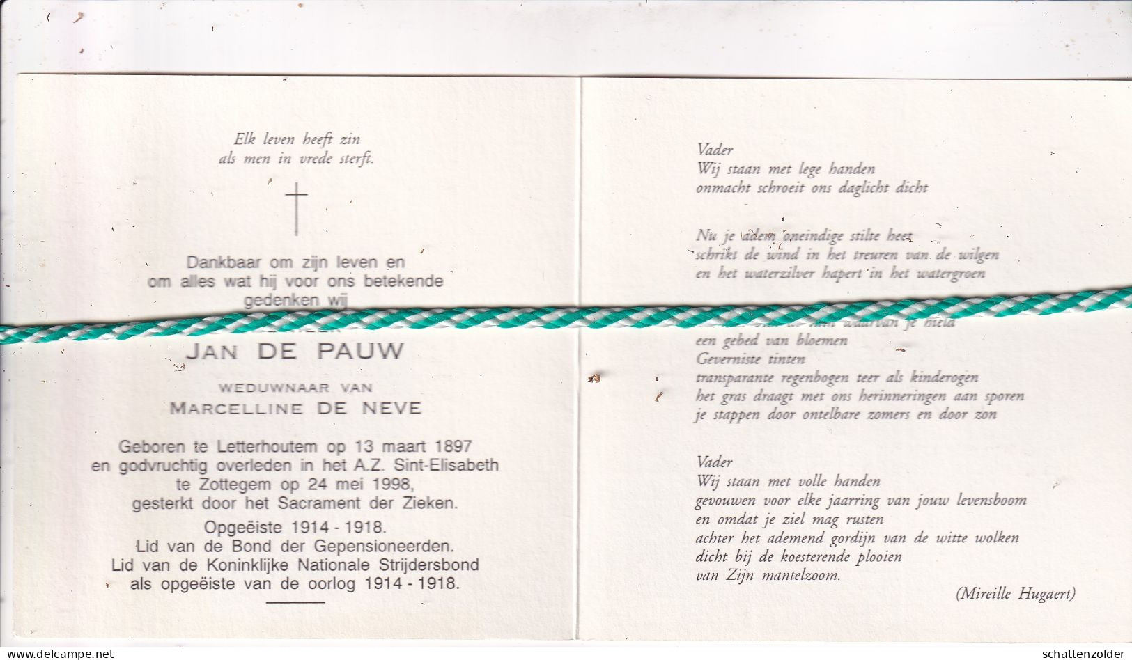 Jan De Pauw-De Neve, Letterhoutem 1897, Zottegem 1998. Honderdjarige. Foto - Overlijden