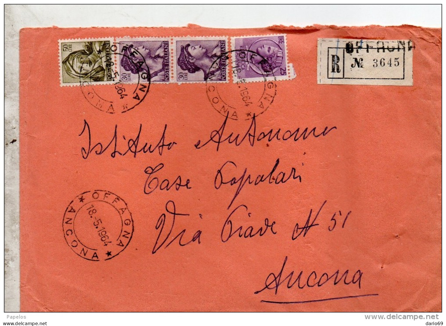 1964  RACCOMANDATA CON ANNULLO OFFAONA ANCONA - 1961-70: Poststempel