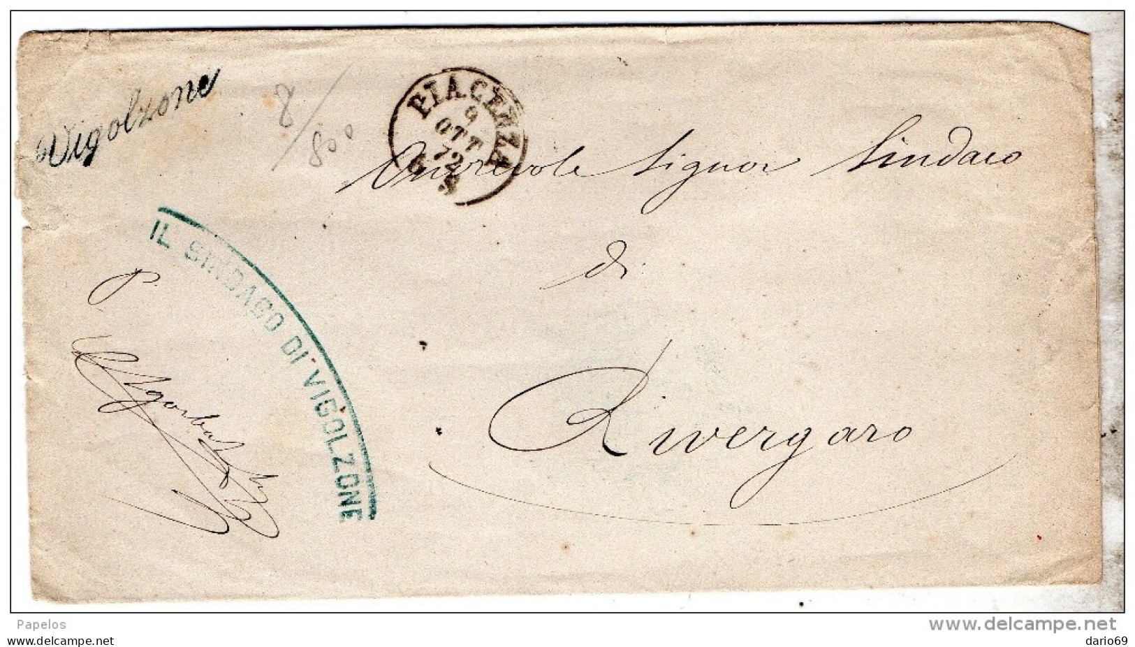 1872   LETTERA CON ANNULLO  VIGOLZONE IN CORSIVO PIACENZA - Marcophilie