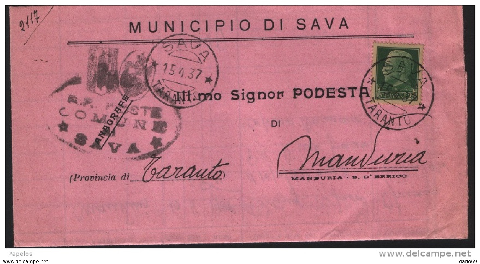 1937  LETTERA CON ANNULLO  SAVA TARANTO - Marcophilie