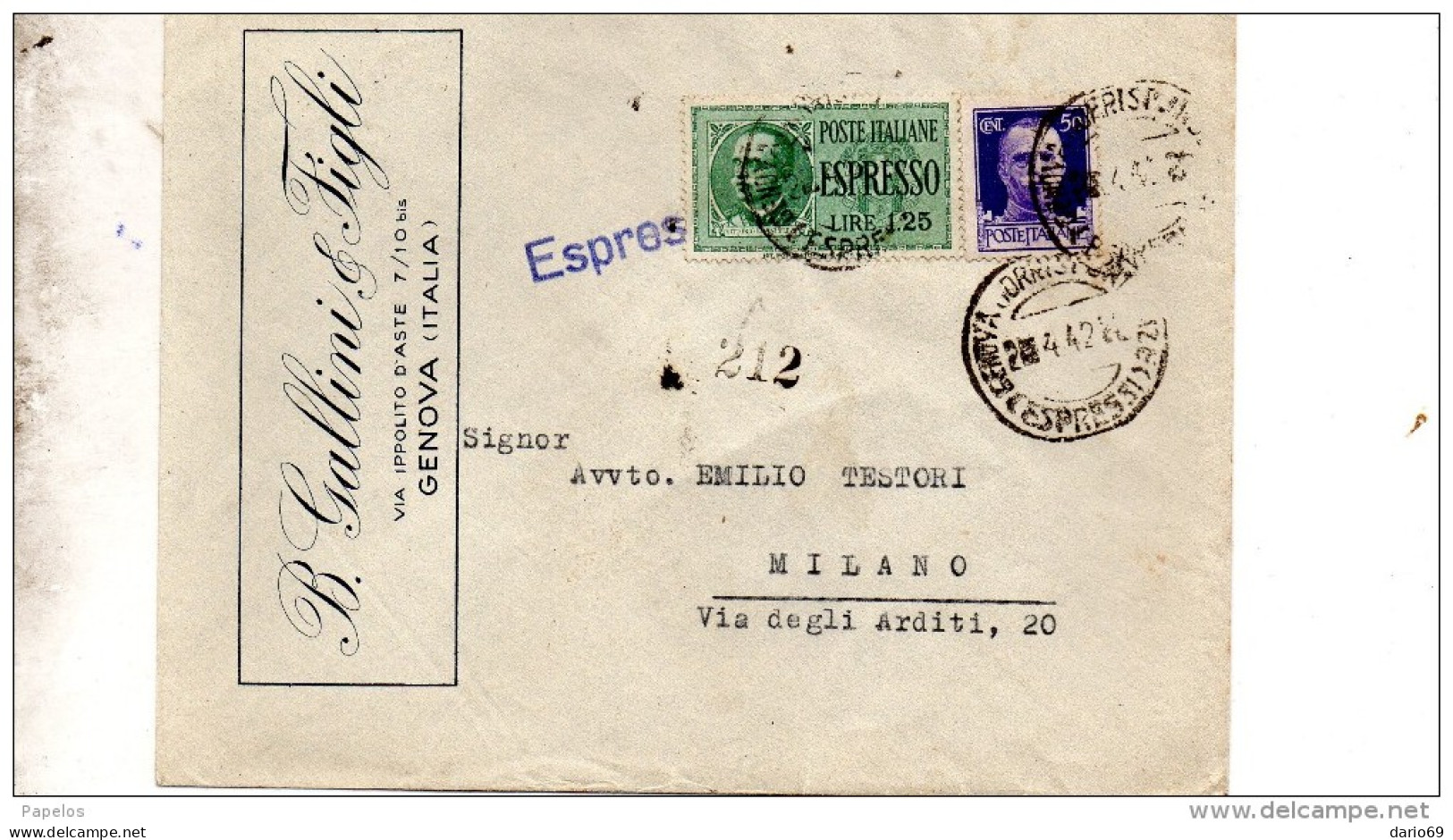 1942   LETTERA ESPRESSO CON ANNULLO  GENOVA - Marcofilie