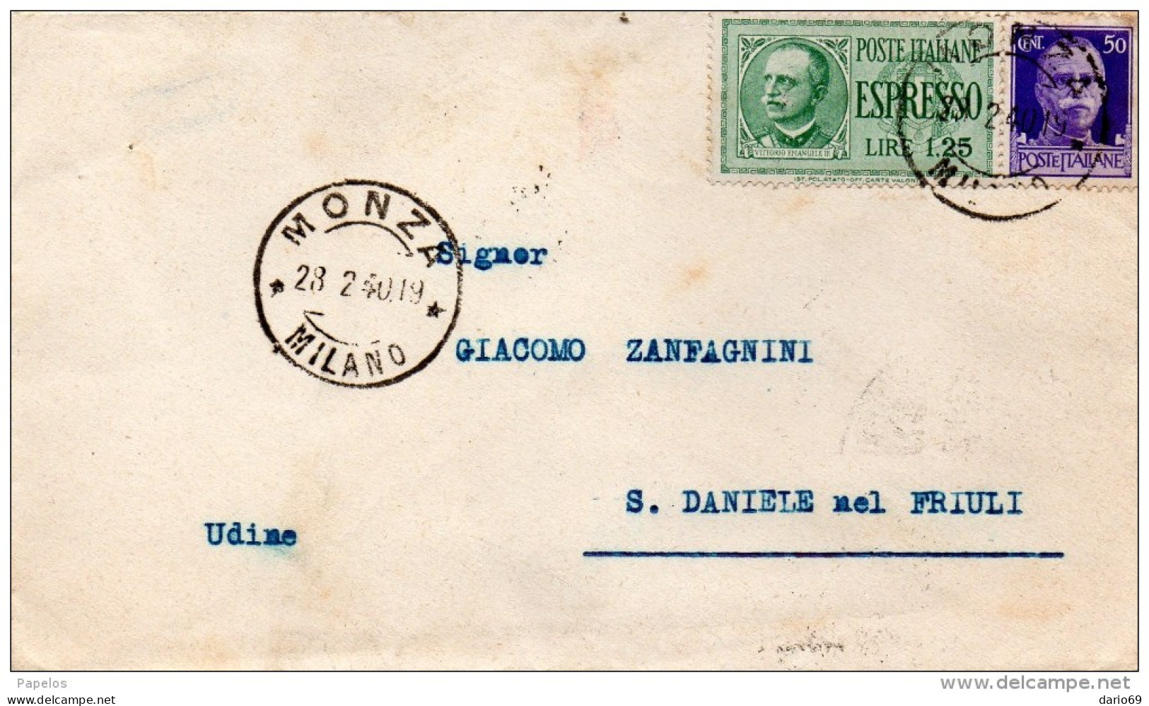 1940   LETTERA ESPRESSO CON ANNULLO  MONZA MILANO + AMBULANTE MILANO TRIESTE - Marcophilie