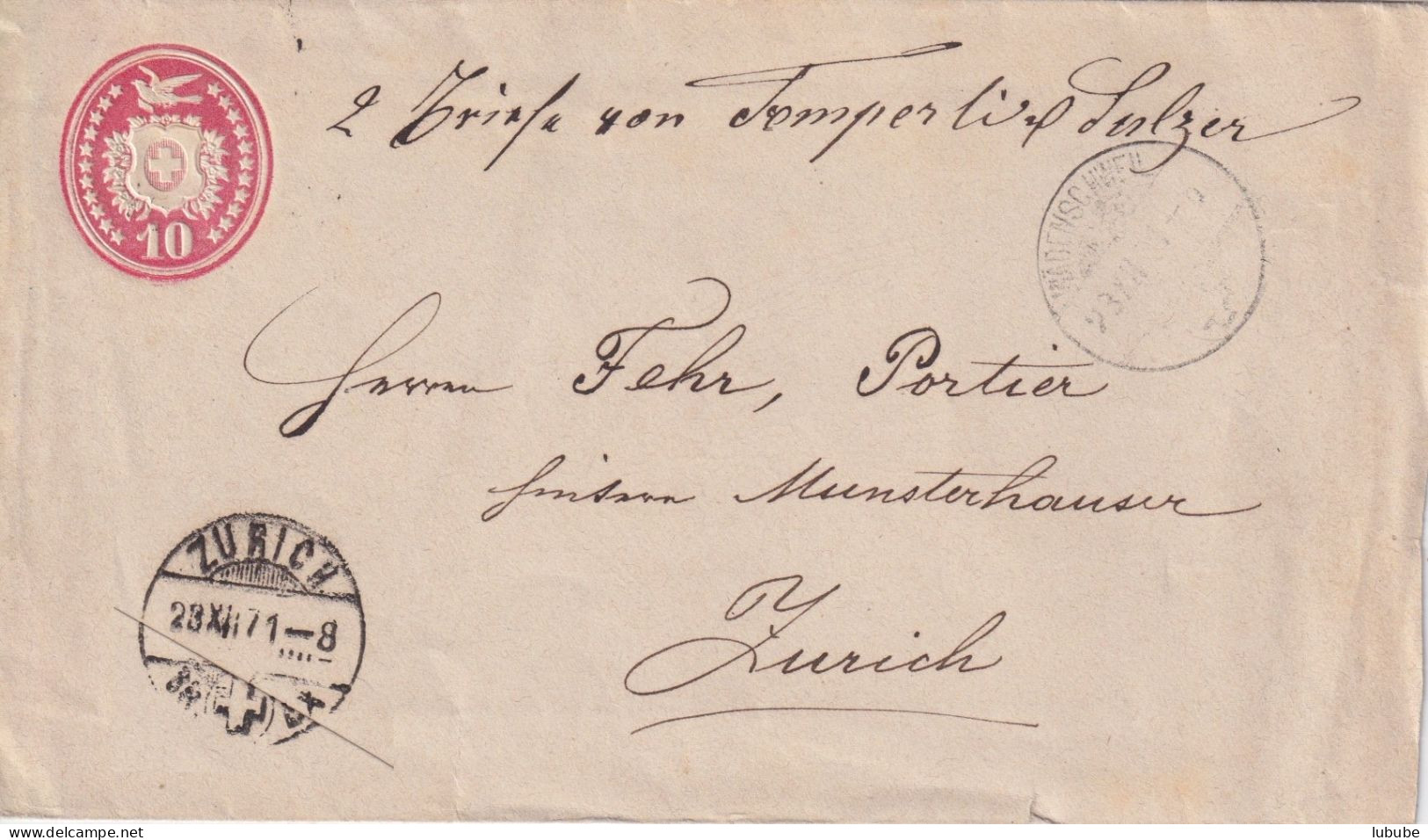 Tübli Brief 9  Wädenschweil - Zürich      1871 - Ganzsachen