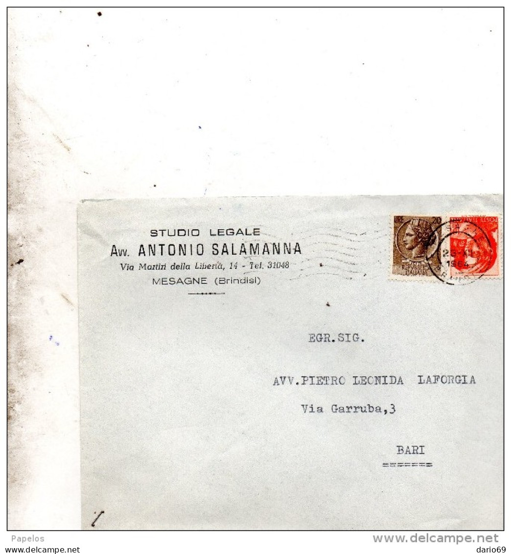 1964  LETTERA  CON ANNULLO MESAGNE BRINDISI - 1961-70: Marcophilie