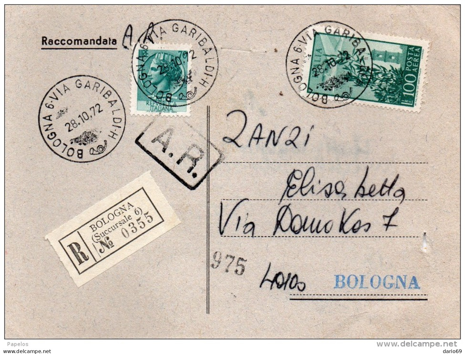 1972 CARTOLINA RACCOMANDATA CON ANNULLO BOLOGNA 6 VIA GARIBALDI - 1971-80: Poststempel