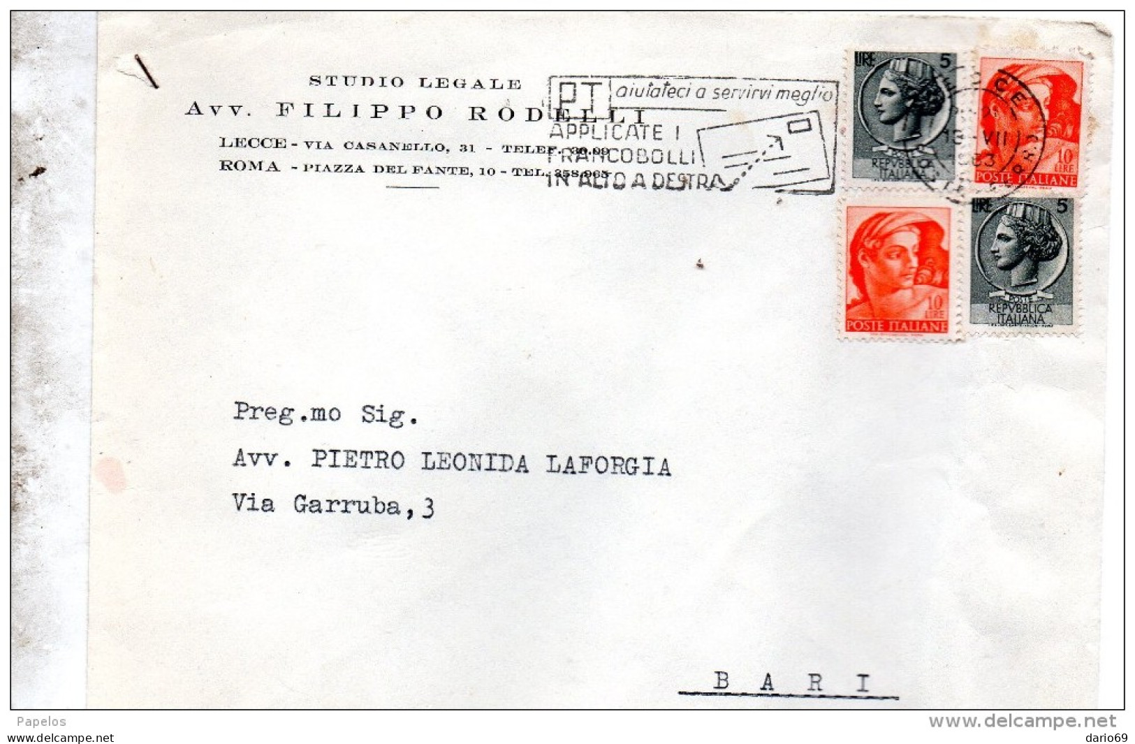 1963     LETTERA CON ANNULLO LECCE - 1961-70: Storia Postale