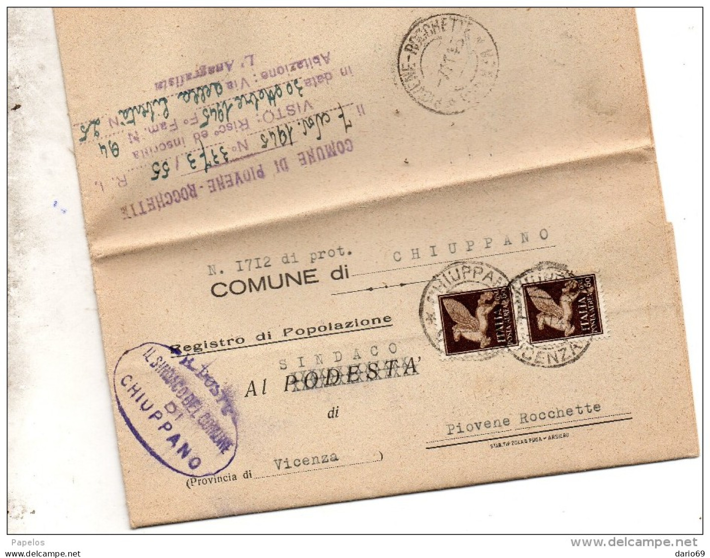 1945  LETTERA CON ANNULLO CHIUPPANO VICENZA - Posta Aerea