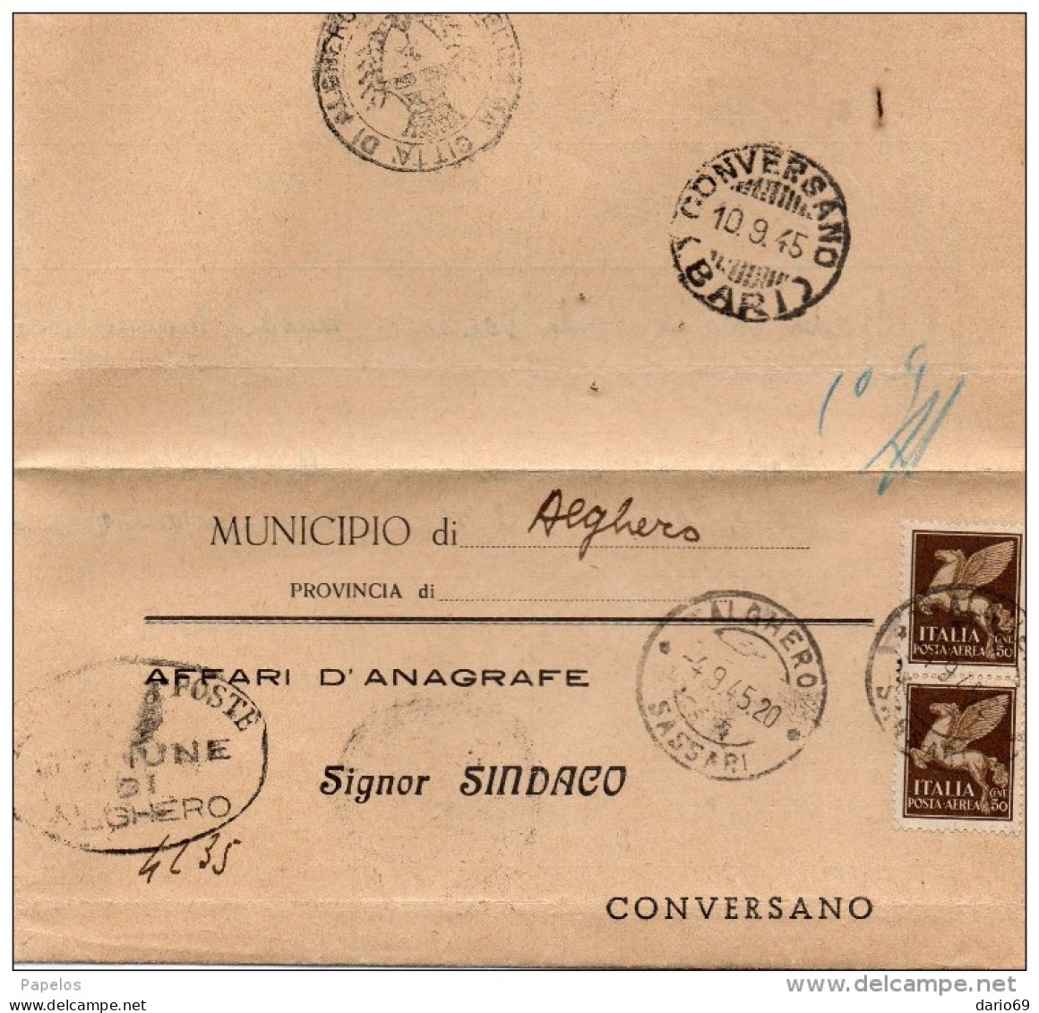 1945  LETTERA   CON ANNULLO ALGHERO SASSARI - Posta Aerea