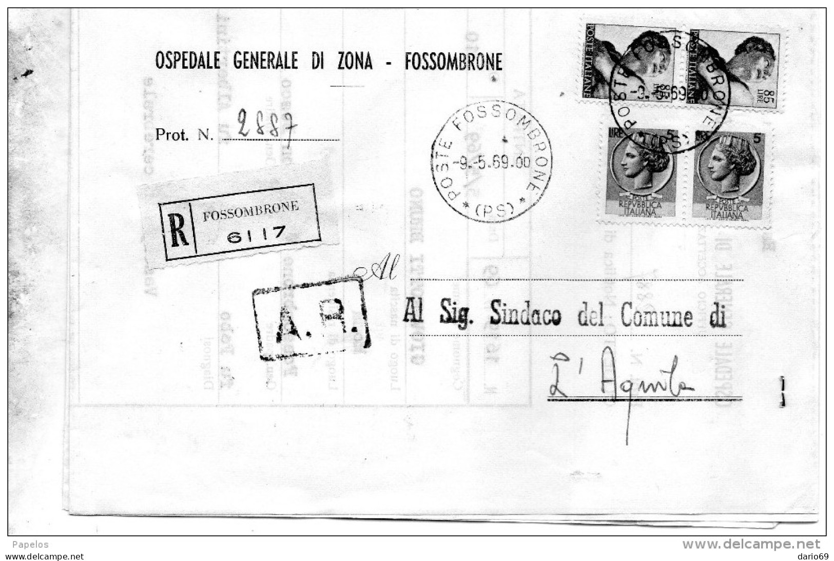 1969     LETTERA RACCOMANDATA CON ANNULLO FOSSOMBRONE PESARO - 1961-70: Marcophilie