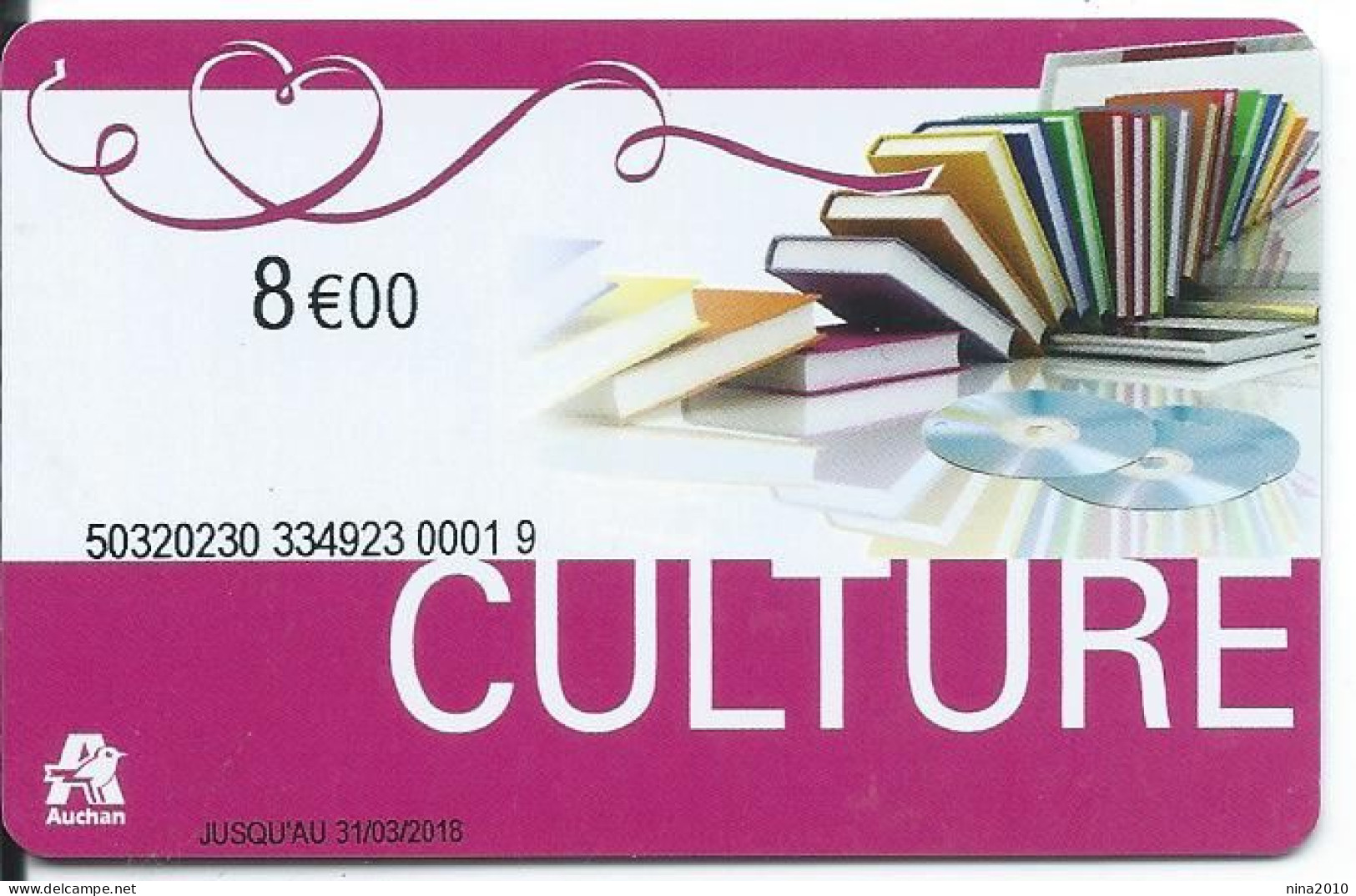Carte Cadeau - Auchan Culture 8 €   - VOIR DESCRIPTION Avant Enchères -  GIFT CARD /GESCHENKKARTE - Gift Cards