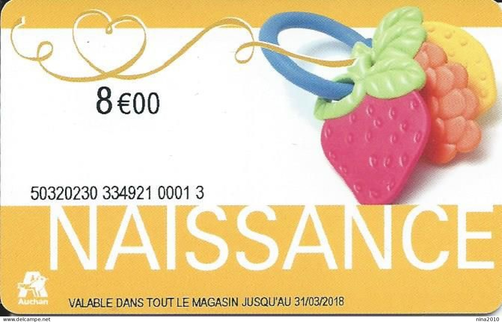 Carte Cadeau - Auchan Naissance 8 €   - VOIR DESCRIPTION Avant Enchères -  GIFT CARD /GESCHENKKARTE - Cartes Cadeaux