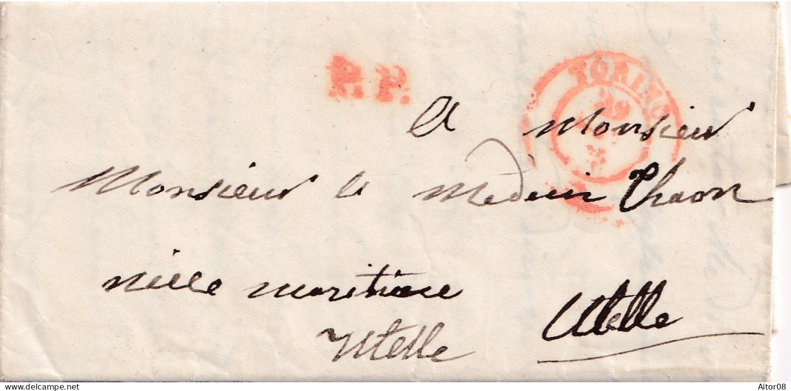 LAC DE 1852 . DE TORINO EN ROUGE A UTELLE.NICE MARITIME.CACHET PP EN ROUGE. TRES INTERESSANT. . BEL ETAT - Andere & Zonder Classificatie