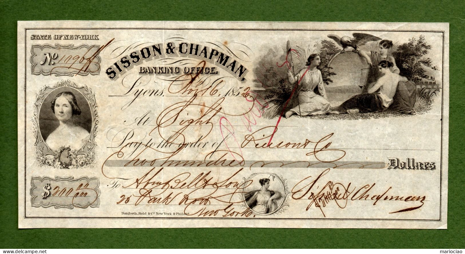 USA Check Sisson & Chapman Banking Office 1852 Lyons, New York - Andere & Zonder Classificatie