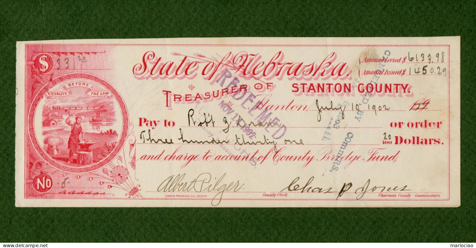 USA Check State Of Nebraska Treasurer Of Stanton County 1902 - Altri & Non Classificati
