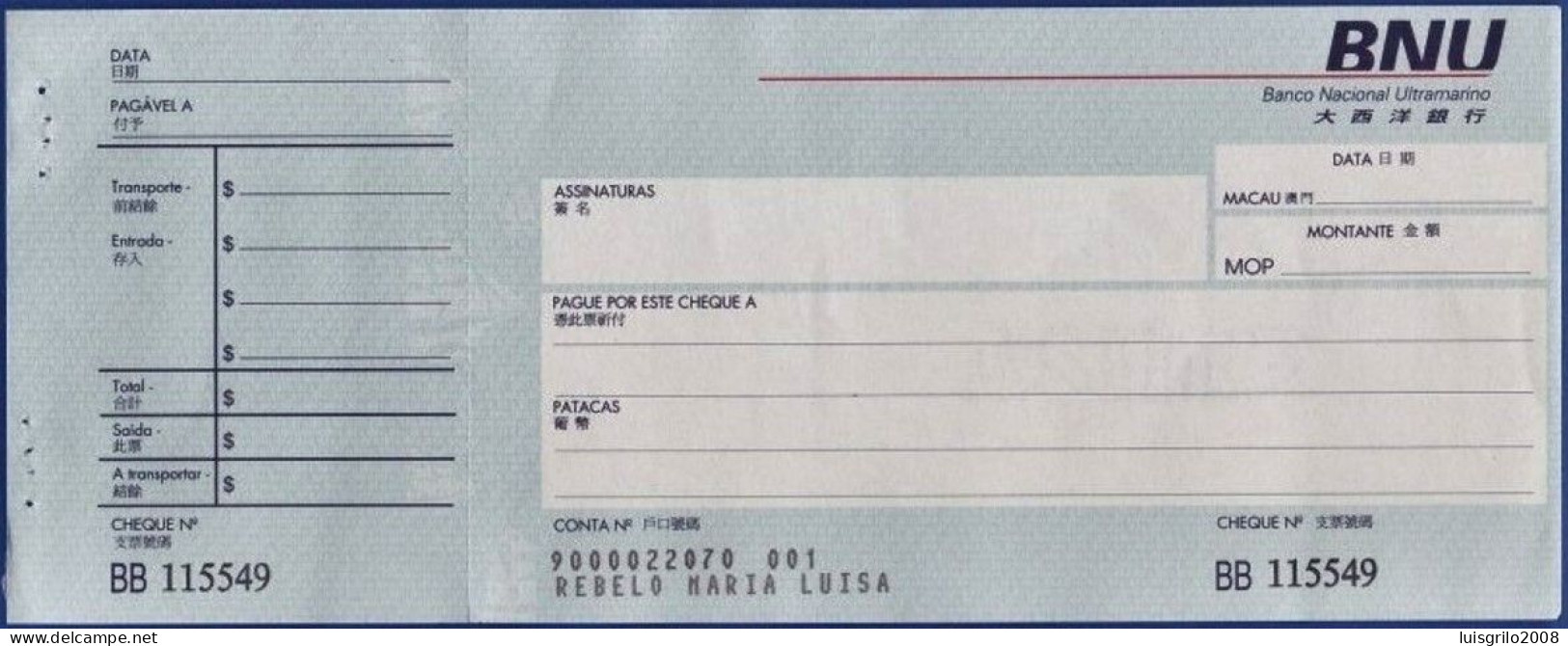 Macau, Portugal, Cheque - Banco Nacional Ultramarino -|- Nº BB115547 - Cheques & Traveler's Cheques