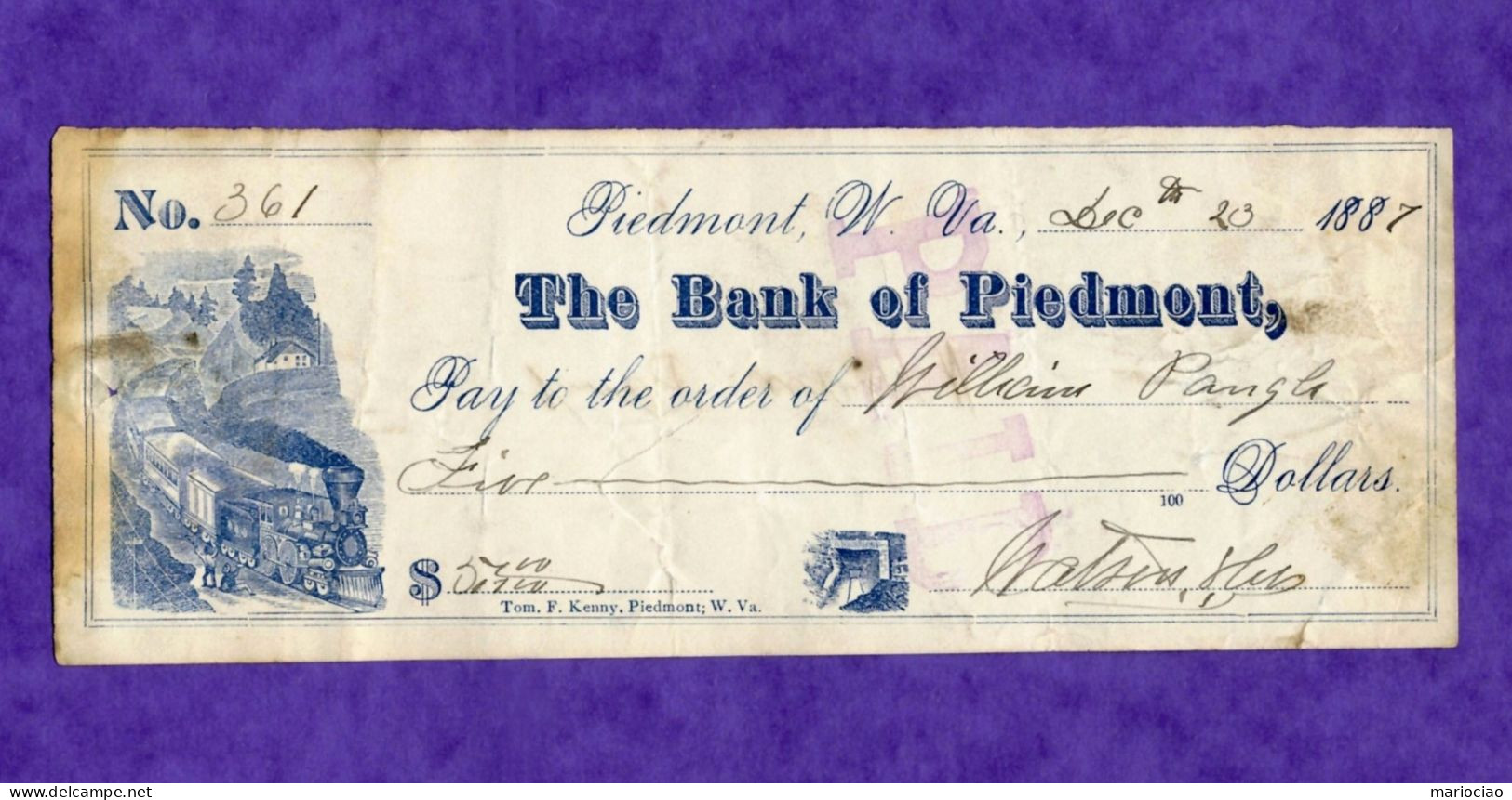 USA Check The Bank Of Piedmont Virginia 1887 EXTREMELY RARE - Other & Unclassified