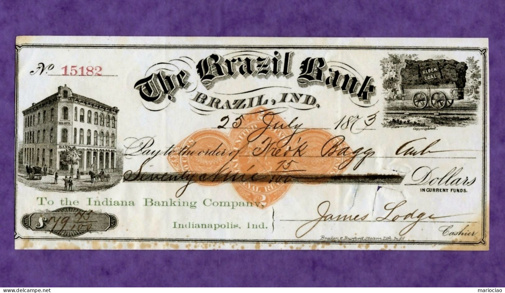 USA Check The Brazil Bank - Brazil, INDIANA 1873 N.15182 - Andere & Zonder Classificatie