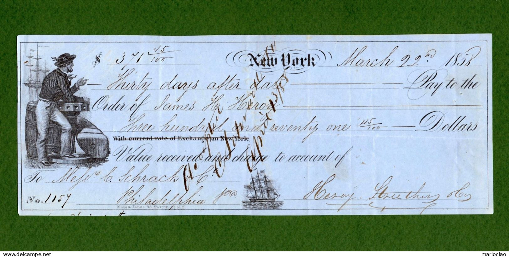 USA DRAFT Against Schrack & Co Philadelphia NAUTICAL New York 1858 - Otros & Sin Clasificación