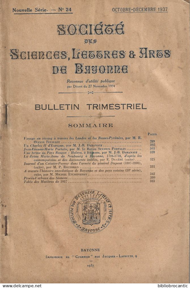 "SOCIETE SCIENCES, LETTRES & ARTS DE BAYONNE"n°24/4èm Trim.1937(Sommaire Scanné) - Baskenland