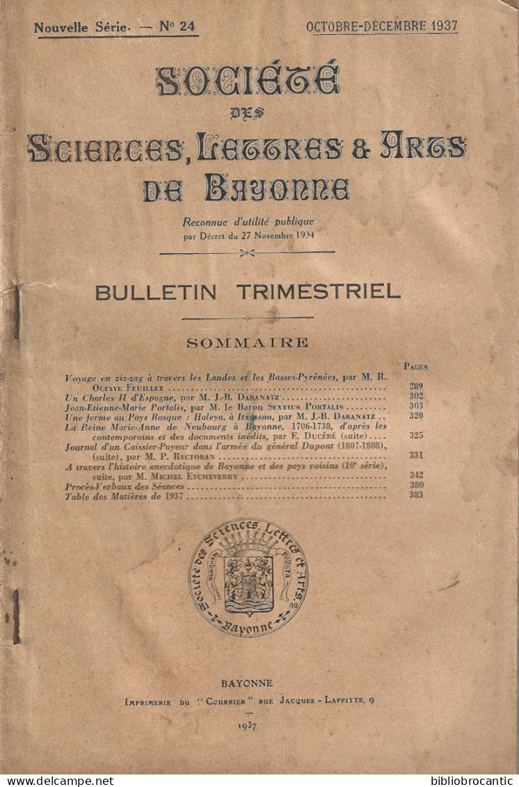 "SOCIETE SCIENCES, LETTRES & ARTS DE BAYONNE"n°24/4èm Trim.1937(Sommaire Scanné) - Pays Basque