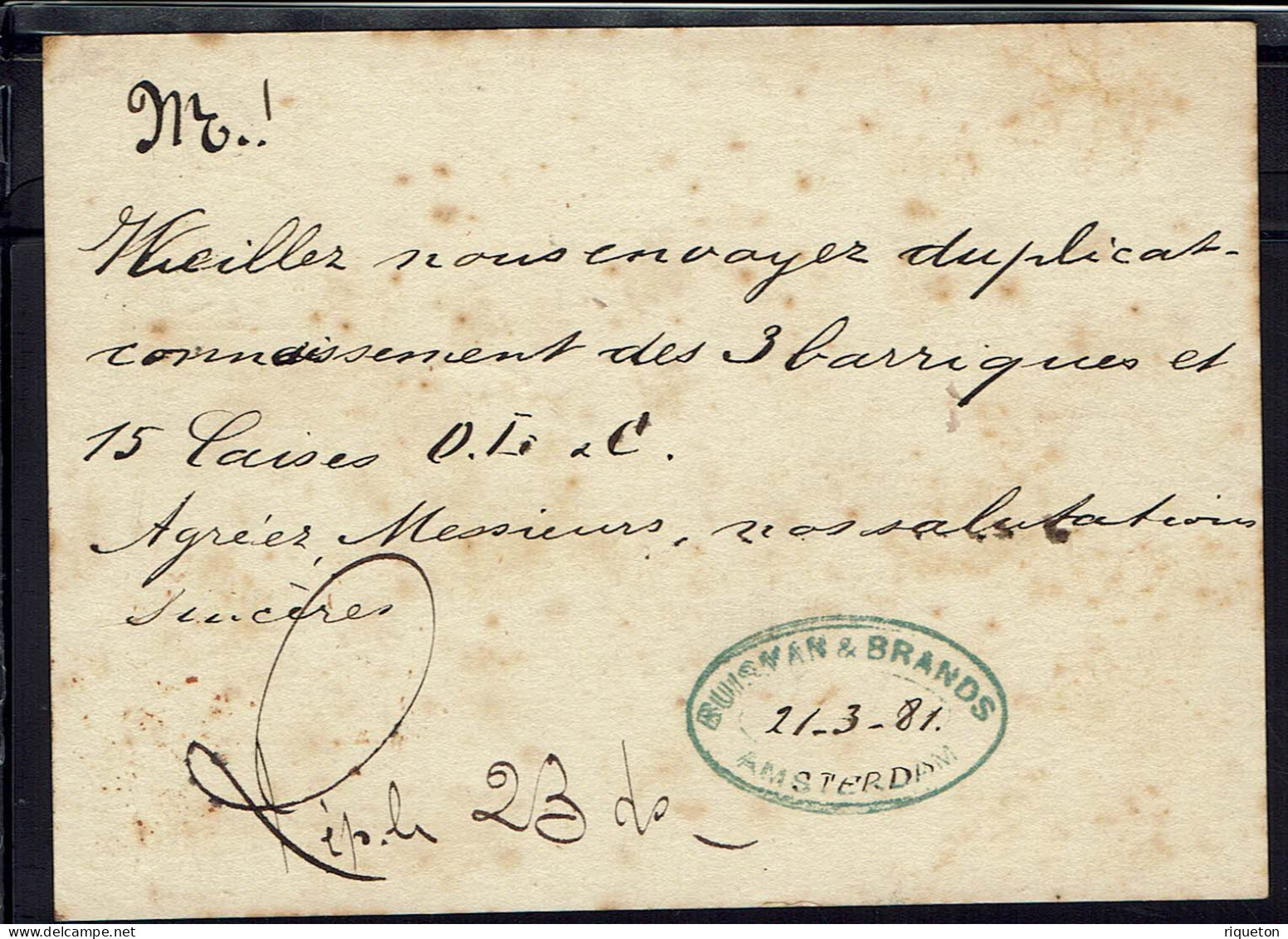 Pays-Bas. Carte Entier Postal 5 Cent D'Amsterdam Du 21 Mars 1881, à Destination De Libourne (Fr) - Entiers Postaux