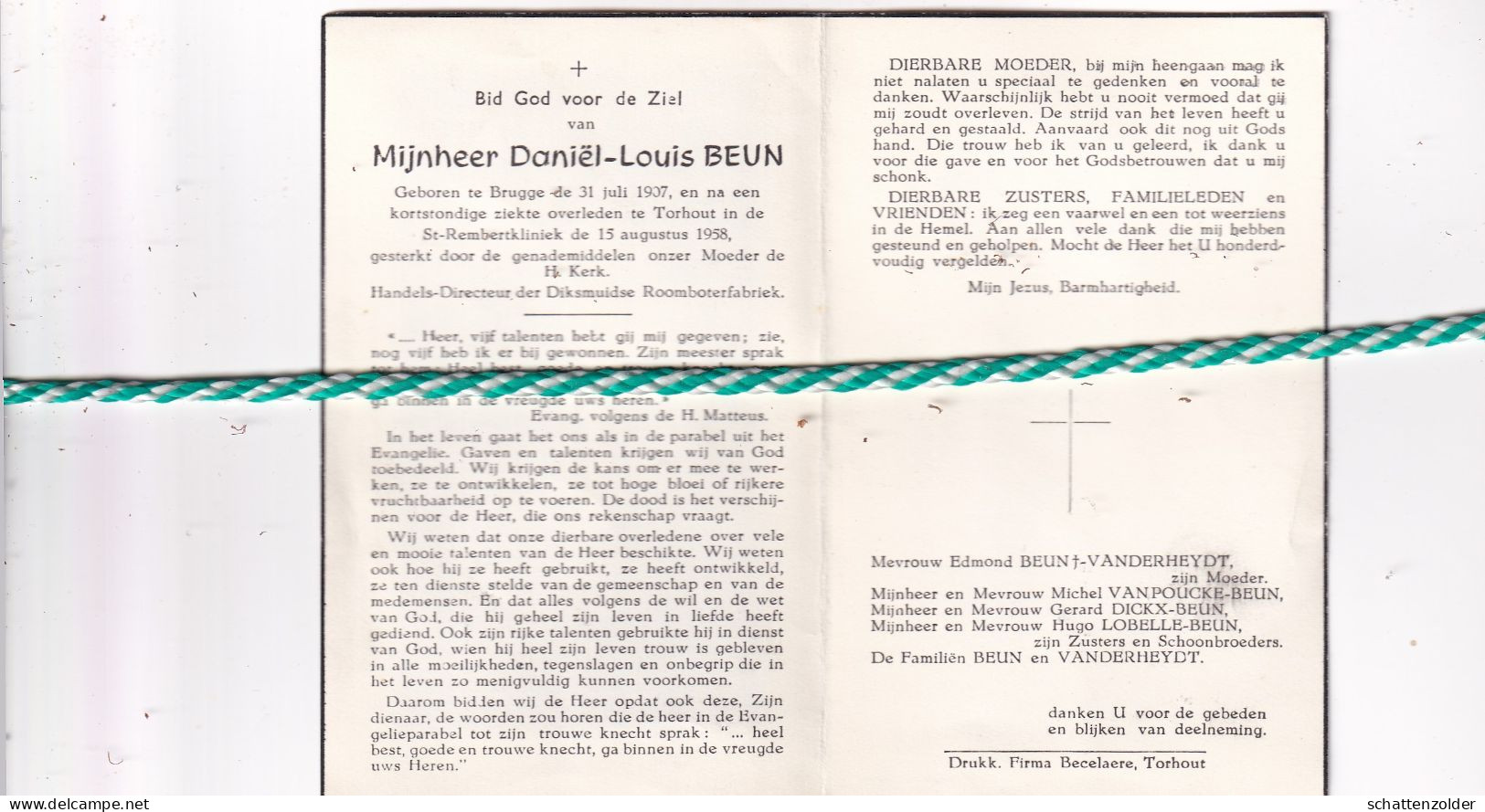 Daniël Louis Beun, Brugge 1907, Torhout 1958 - Todesanzeige