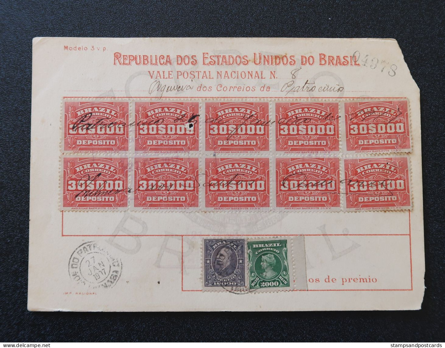 Brèsil Brasil Mandat Vale Postal 1917 Patrocínio Minas Gerais Timbre Fiscal Deposito Brazil Money Order Revenue Stamp - Storia Postale