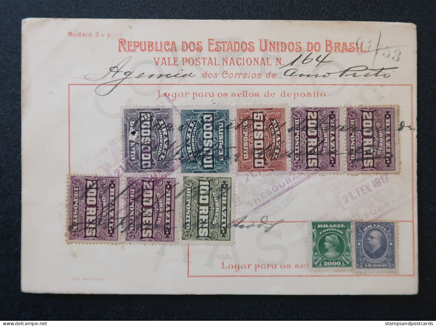 Brèsil Brasil Mandat Vale Postal 1917 Ouro Preto Minas Gerais Timbre Fiscal Deposito Brazil Money Order Revenue Stamp - Storia Postale