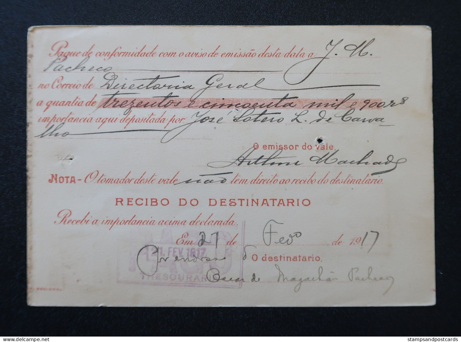 Brèsil Brasil Mandat Vale Postal 1917 Ouro Preto Minas Gerais Timbre Fiscal Deposito Brazil Money Order Revenue Stamp - Cartas & Documentos