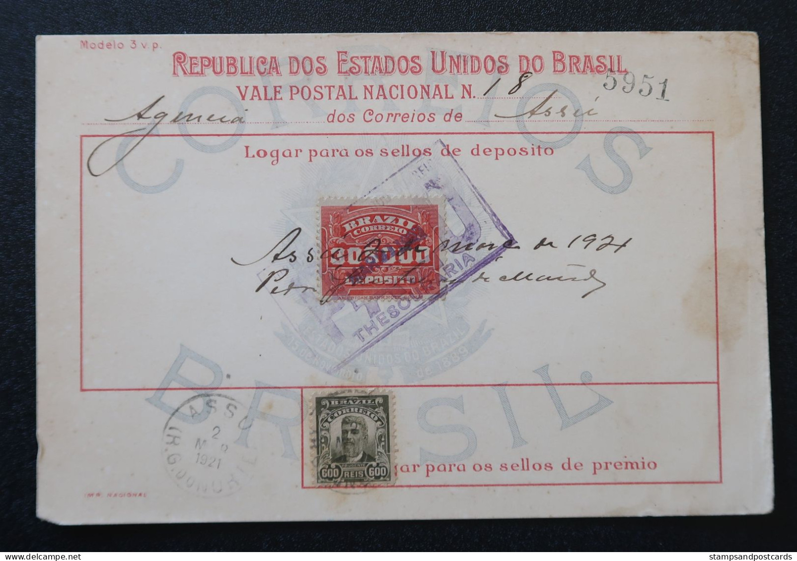 Brèsil Brasil Mandat Vale Postal 1921 Assú Açu Rio Grande Norte Timbre Fiscal Deposito Brazil Money Order Revenue Stamp - Brieven En Documenten