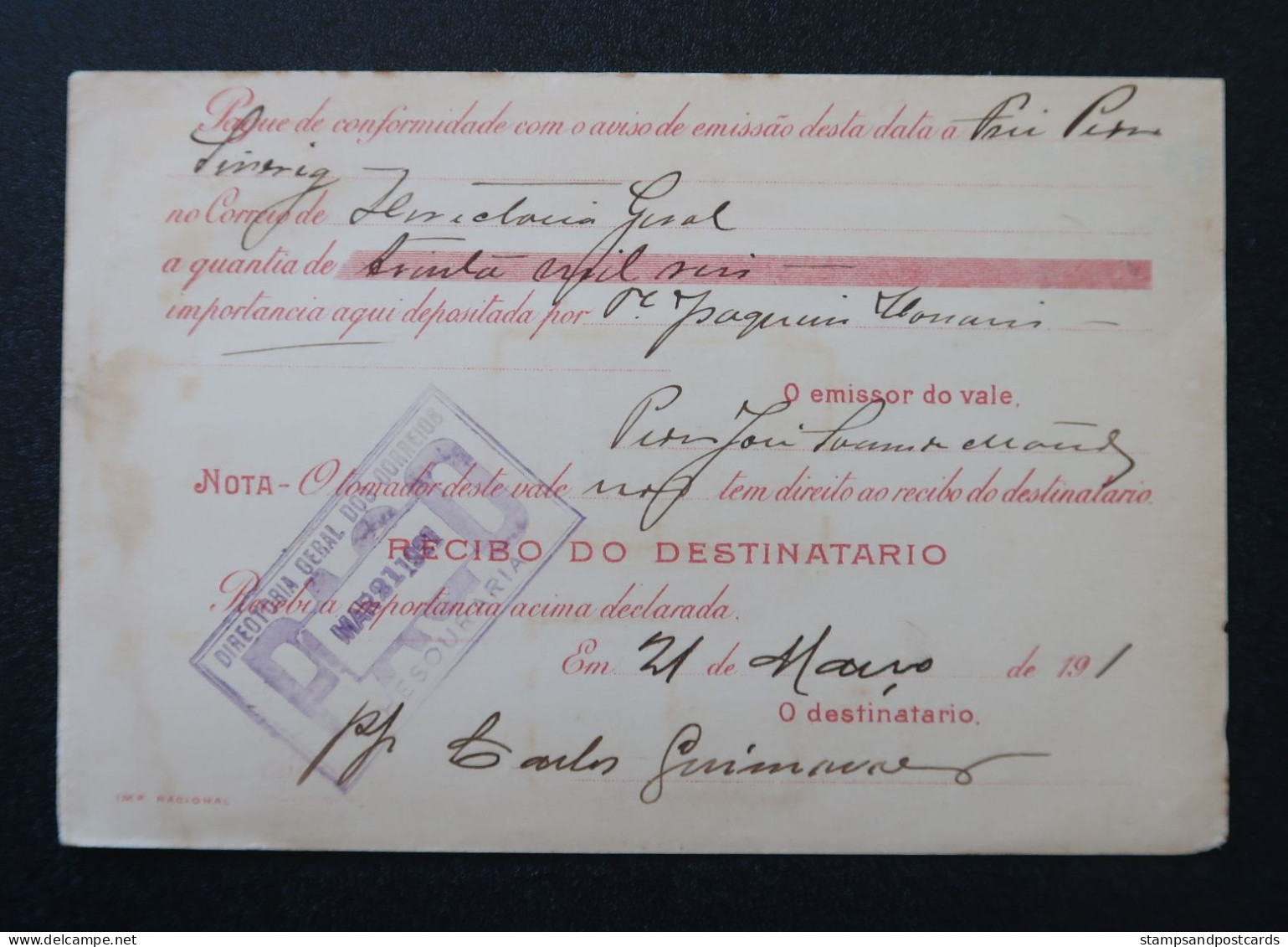 Brèsil Brasil Mandat Vale Postal 1921 Assú Açu Rio Grande Norte Timbre Fiscal Deposito Brazil Money Order Revenue Stamp - Brieven En Documenten