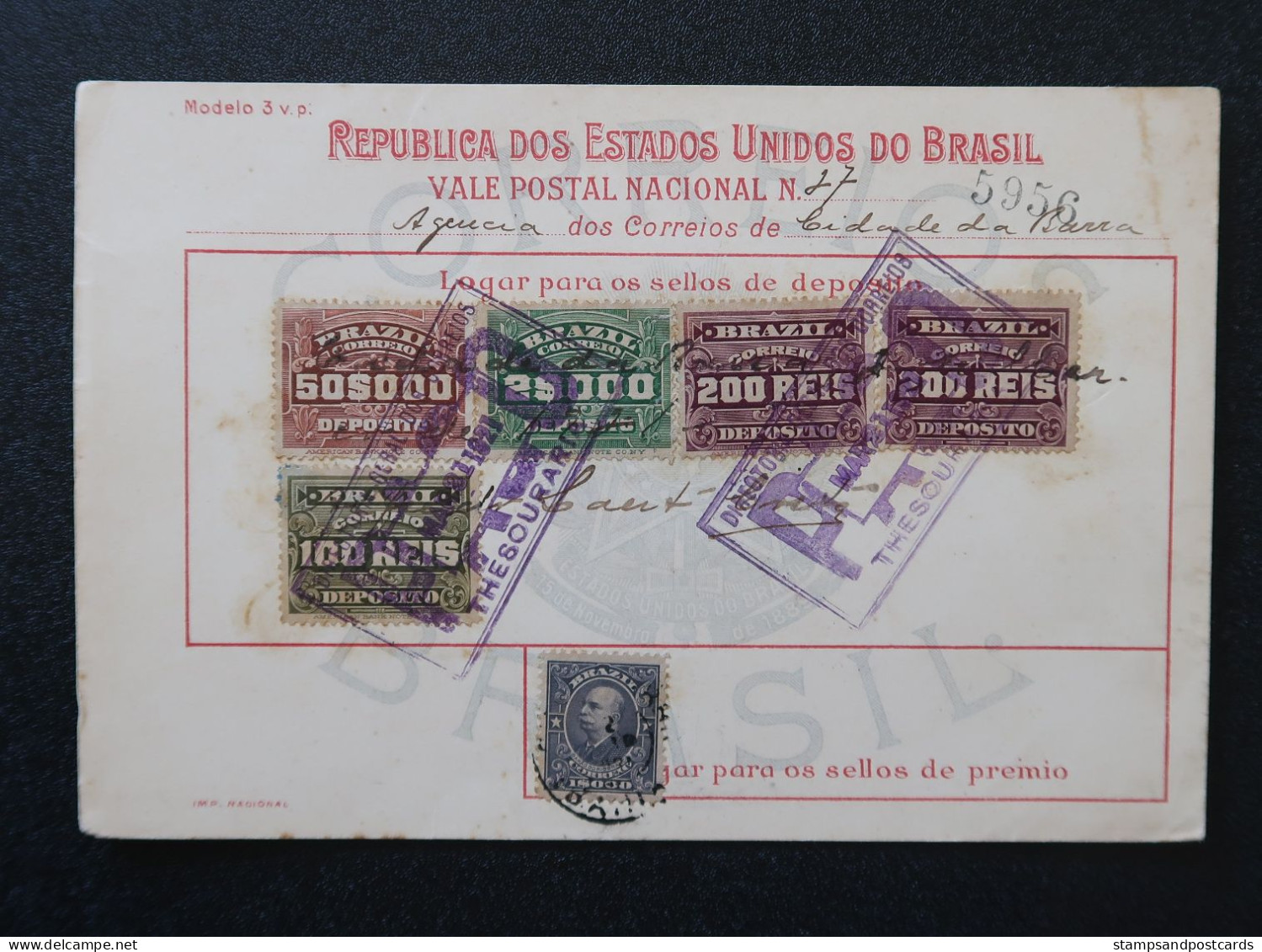 Brèsil Brasil Mandat Vale Postal 1921 Cidade Da Barra Bahia Timbre Fiscal Deposito Brazil Money Order Revenue Stamp - Brieven En Documenten